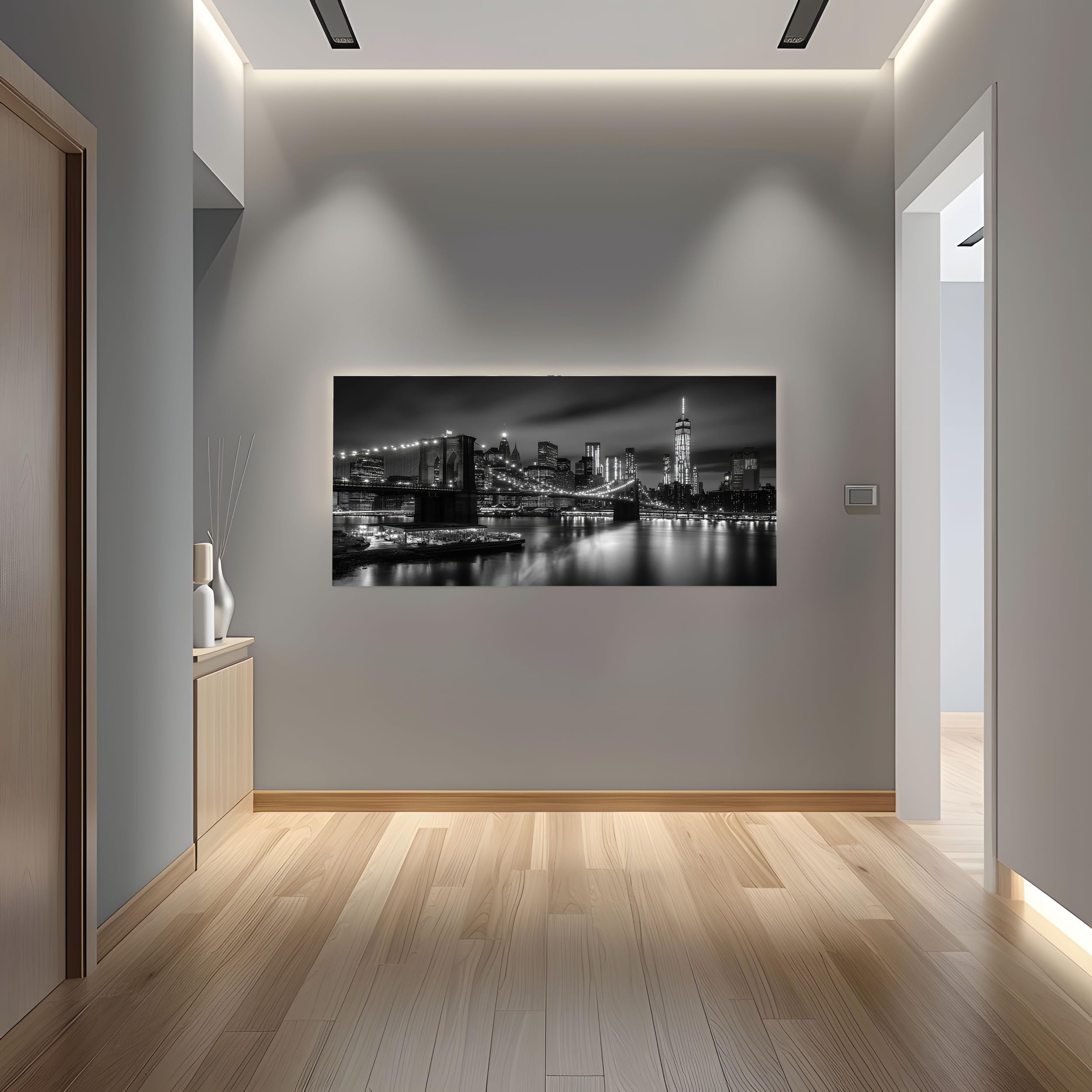 ZORYAN Quadro su Tela Paesaggio Urbano Città Senza Cornice 50x100 cm | Pittura Moderna per Salotto e Soggiorno Architettura Edificio Decorazioni da Parete Grandi Dimensioni Notte in Bianco e Nero