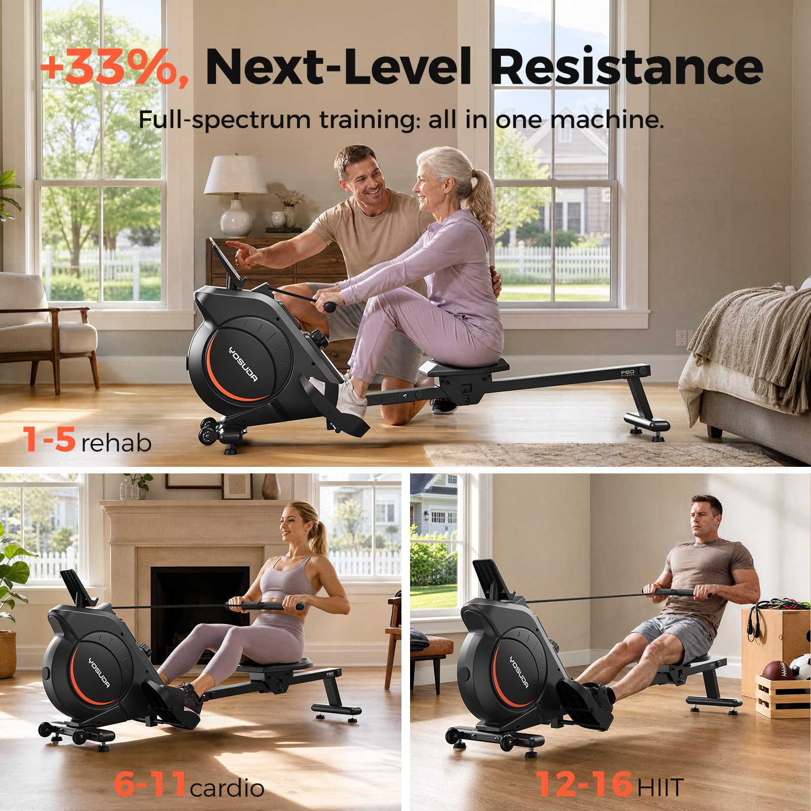 YOSUDA Vogatore Muscolazione Confortevole & Interattivo, HIGH-POWER 16 Livelli (40kg), APP/BT, Silenzioso, Facile Montaggio, Pieghevole, Ideale 1.35-1.88m, Richiudibile Casa