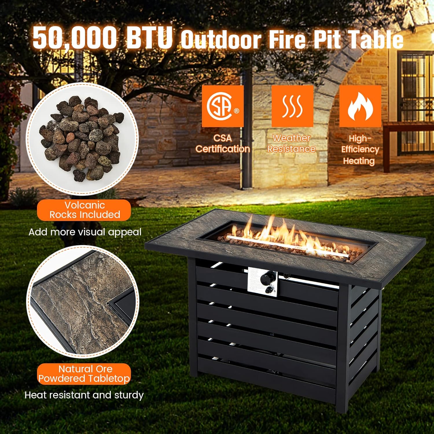 Happygrill 42" Propane Fire Pit Table, 50,000 BTU Rectangular Gas Fire Table with Lava Rocks & PVC Cover Included, Ore Powder Surface, Perfect for Backyard Garden