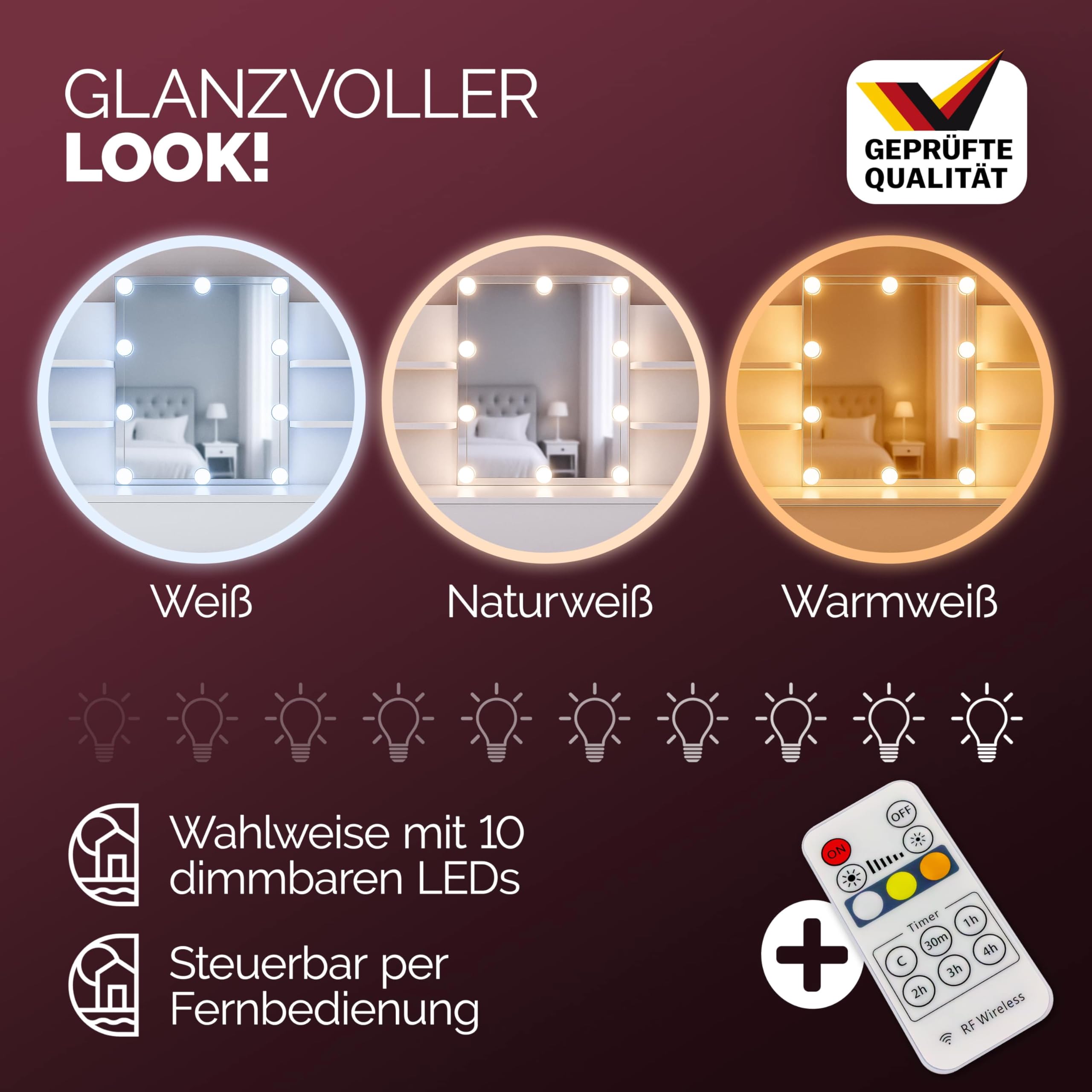 Casaria® Schminktisch mit LED Beleuchtung und Spiegel | 110x40cm, Holz, Frisiertisch, Kosmetiktisch, 10 Glühbirnen, Fernbedienung, Schublade, Organizer, 4 Ablagen, Vanity Desk