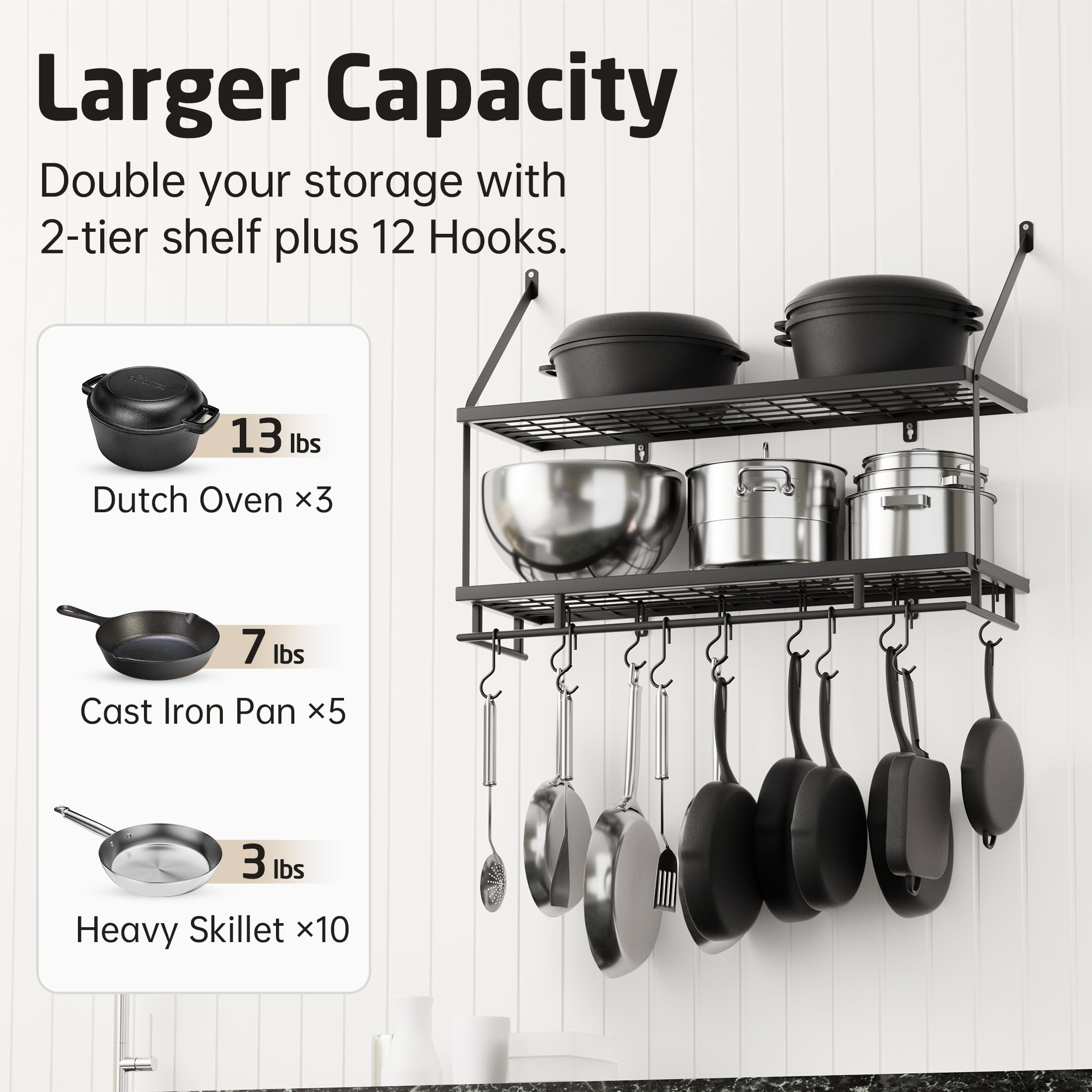 KES Estante de Cocina para Colgar 75CM Soporte para Ollas y Sartenes 2 Niveles con 12 Ganchos Almacenaje Organizador Negro, KUR215S75-BK