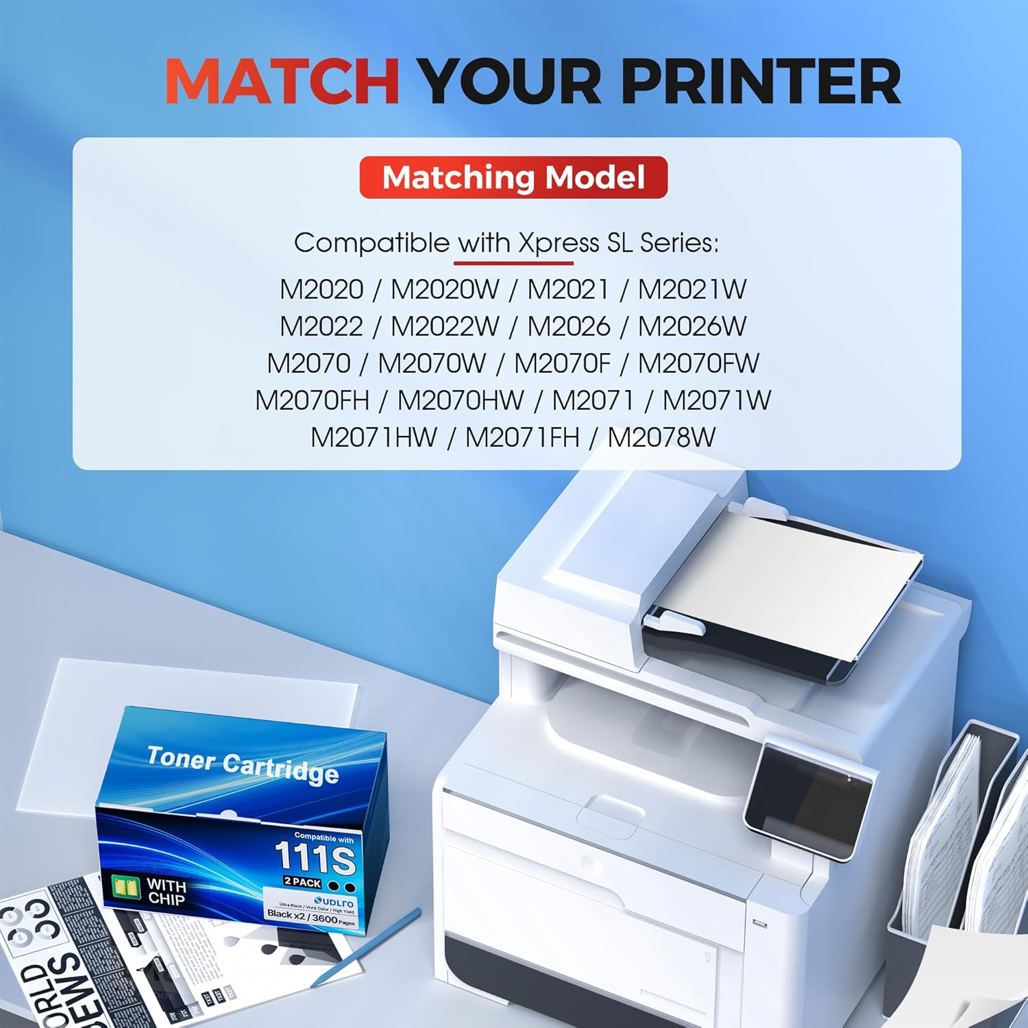 MLT-D111S Toner Cartridge High Yield Compatible for Samsung 111S 111L MLT-D111S MLT-D111L to use with Samsung Xpress M2020W M2070FW M2070W M2022W M2024W M2020 M2071 M2026W Printers (2 Black)