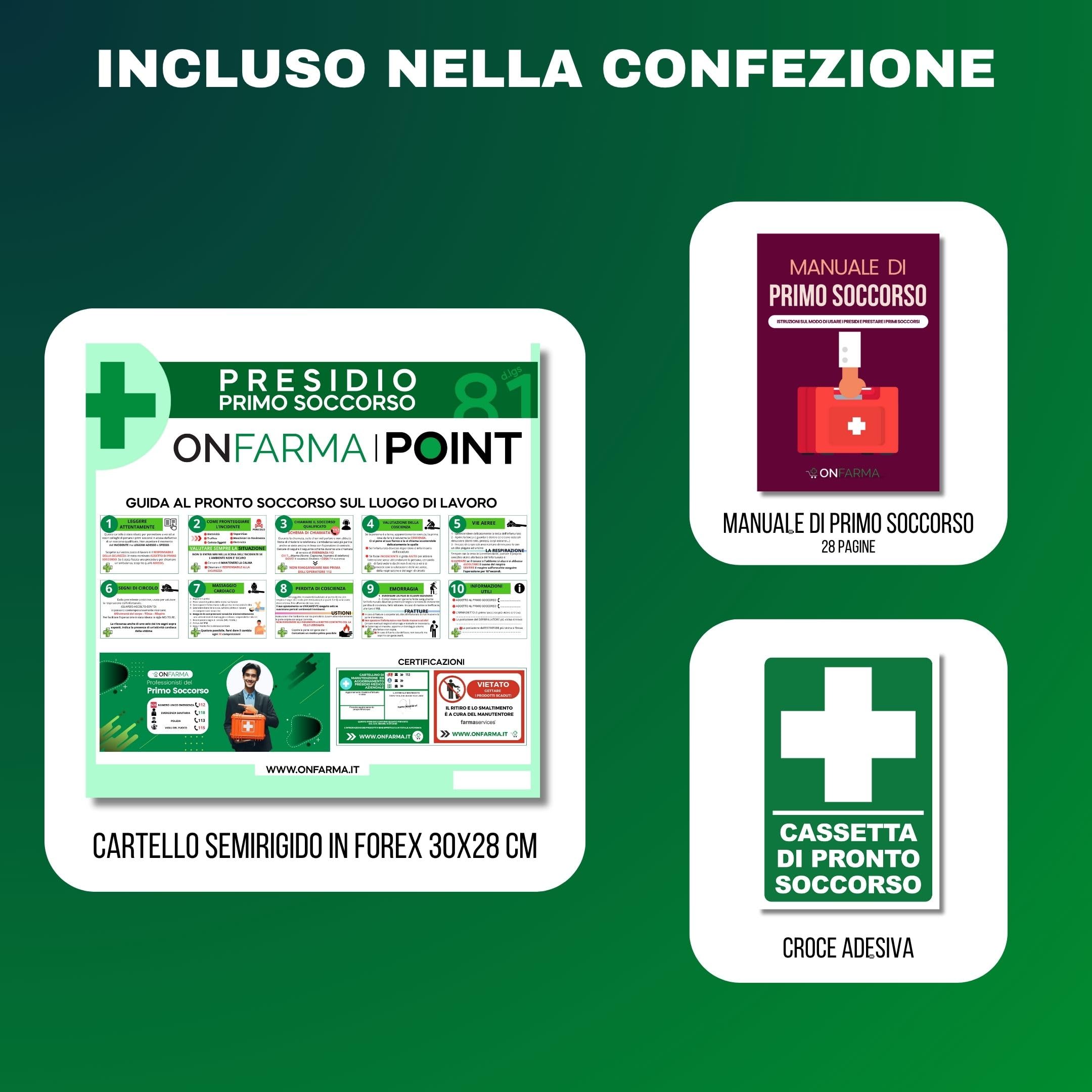 ONFARMA FARMA4 cassetta medica primo pronto soccorso COMPLETA DI MISURATORE DI PRESSIONE e CARTELLO DI PRIMO SOCCORSO conforme DM 388 allegato 1 per aziende con 3 o più lavoratori