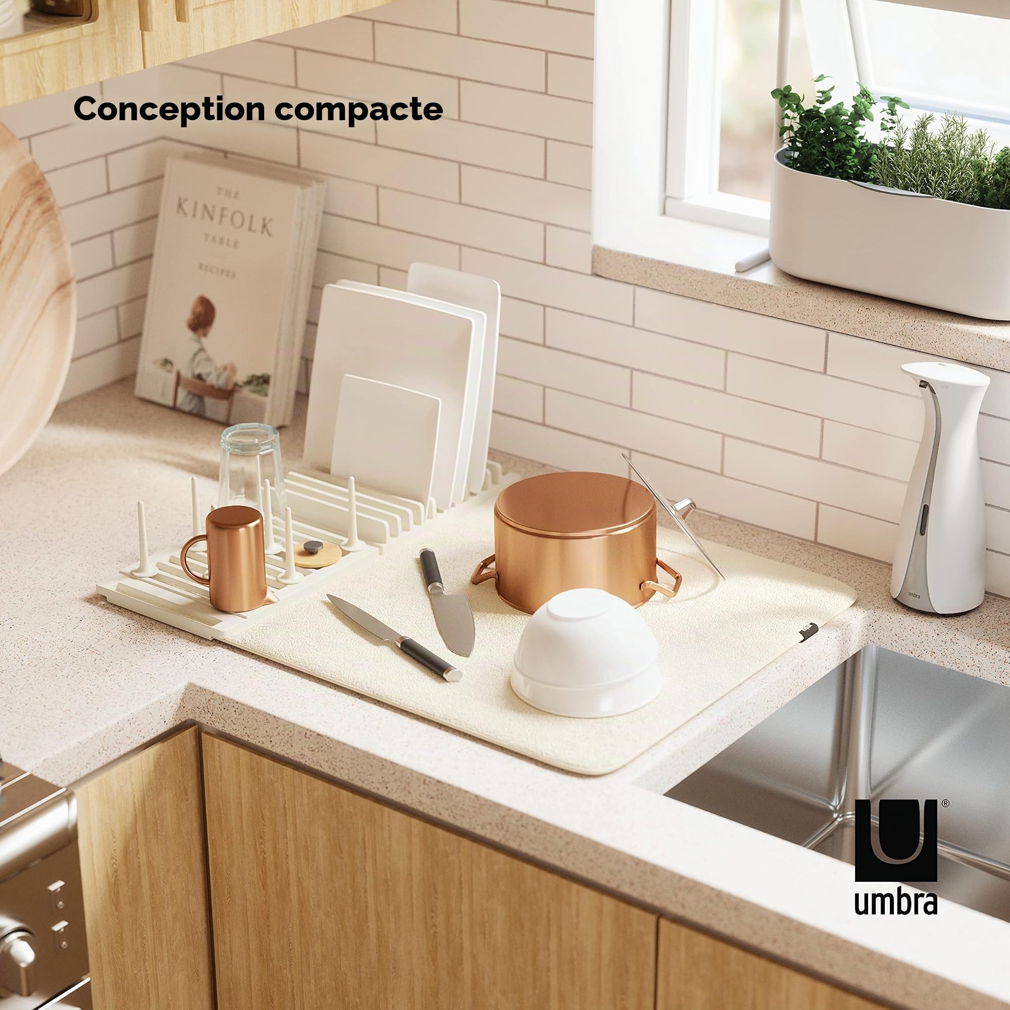 Umbra Udry Peg Égouttoir à Vaisselle en Microfibre avec Tapis d'égouttement Pliable et Peu encombrant, Lin