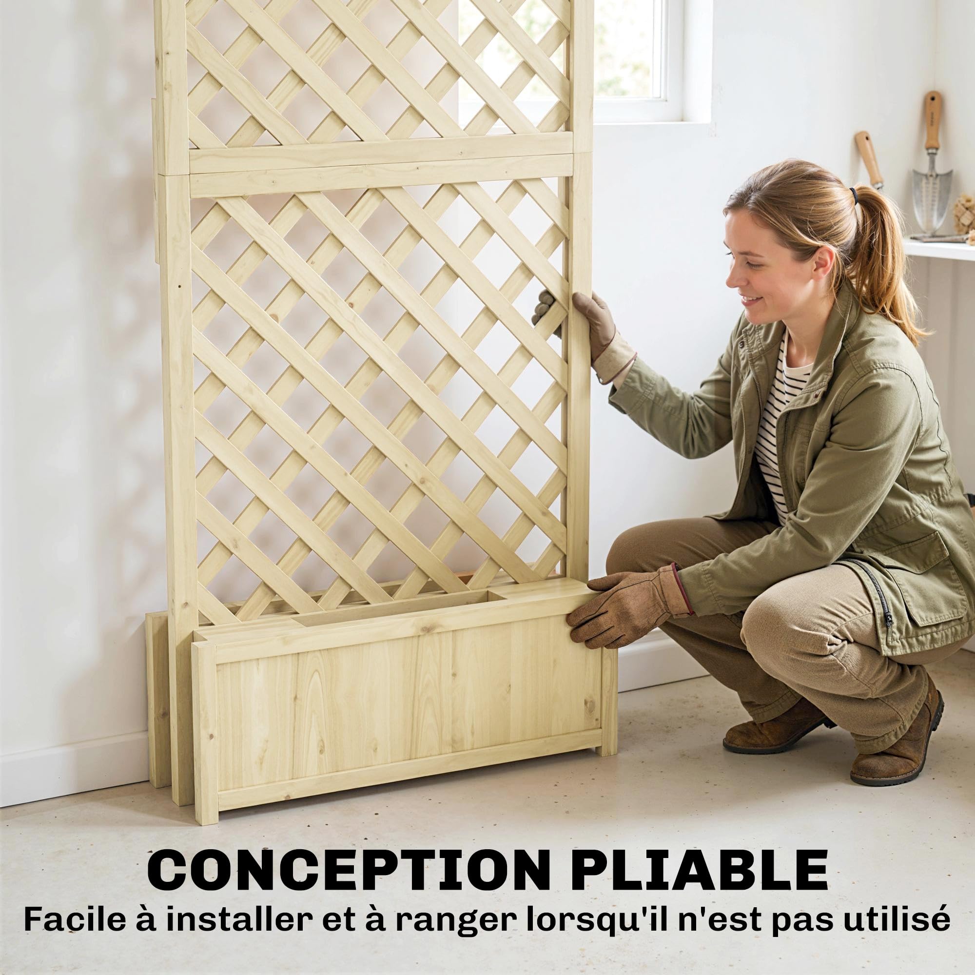 Outsunny Jardinière avec Treillis en Bois Massif - Carré Potager Pliable avec Double Bac à Fleurs - Lit de Jardin 170cm de Haut pour Plantes Grimpantes sur Balcon, Terrasse Brise-Vue, Naturel