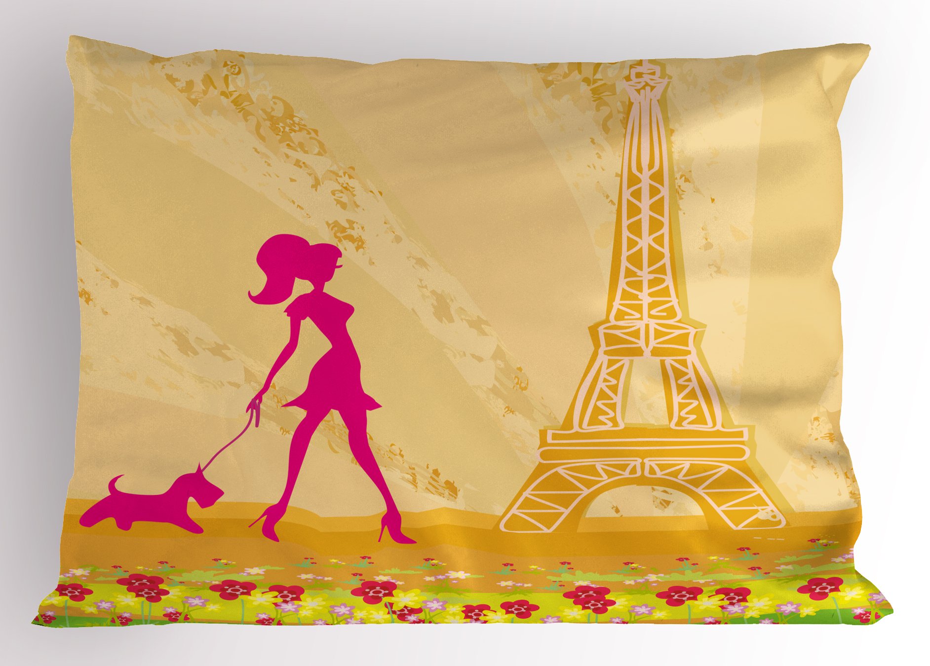 Ambesonne Teen Room Pillow Sham, Pink Silhouette of a Girl with The Dog Eiffel Tower in Paris Design, Decorative Standard King Size Printed Pillowcase, 36