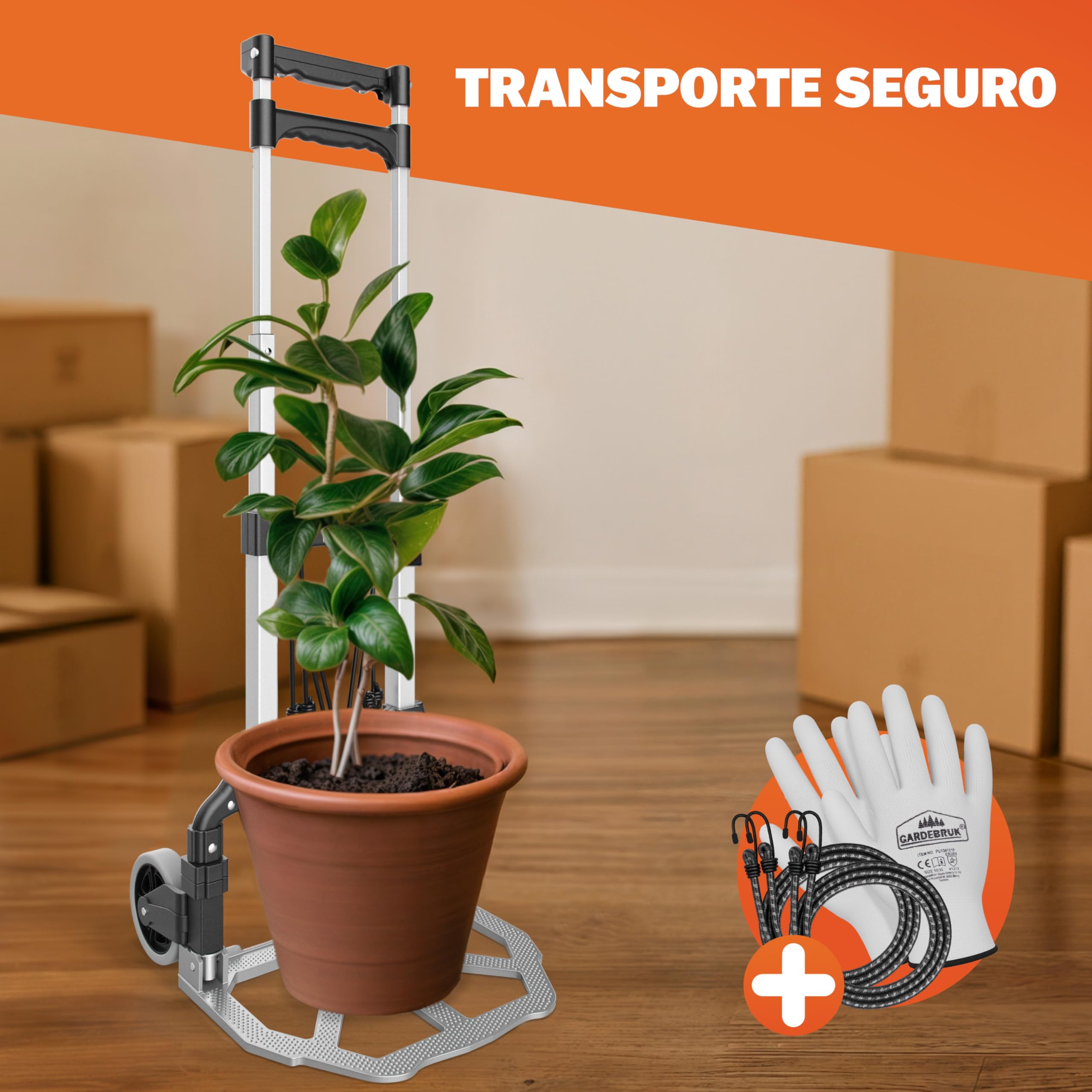 GARDEBRUK® Carretilla Plegable Aluminio 80Kg Carro Transporte Mudanzas Altura Regulable Ruedas Goma Maciza Resistente Incl. Guantes y Cuerdas Elásticas