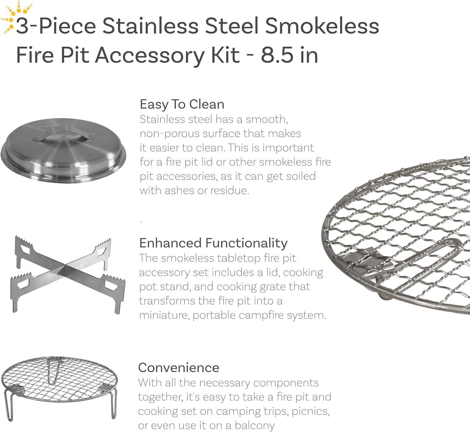 Sunnydaze 3-Piece Smokeless Tabletop Fire Pit Accessory Kit - Round Lid, Portable Fire Pit Stand, and Cooking Grate - Stainless Steel - 8.75"