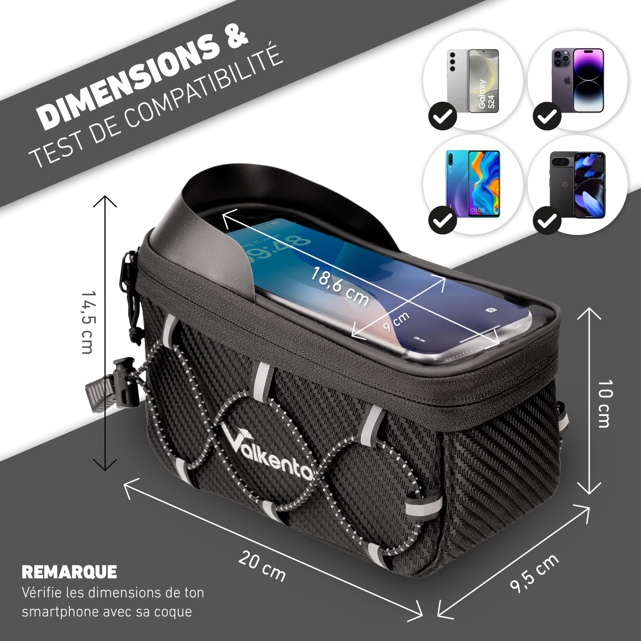 Valkental® Sacoche de Cadre vélo 1,8L [Adaptateur Rapide] Étanche pour VTT, vélo électrique & Route – Pochette Smartphone avec Film Tactile – Sac Tube supérieur Pratique