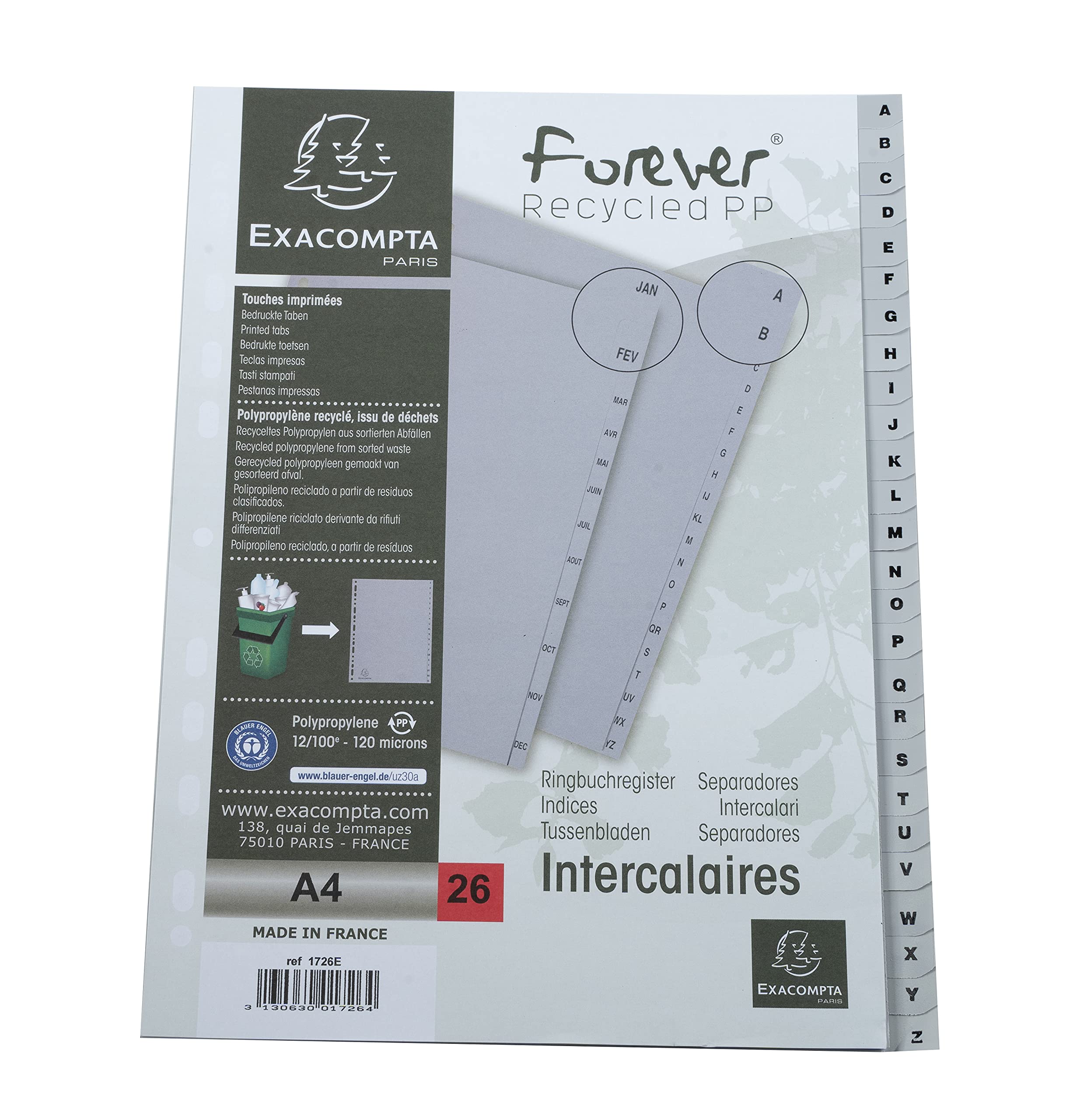 Exacompta Divisorio grigio polipropilene riciclato 26 tasti alfabetici A-Z A4 22,5x29,7cm Ange Bleu