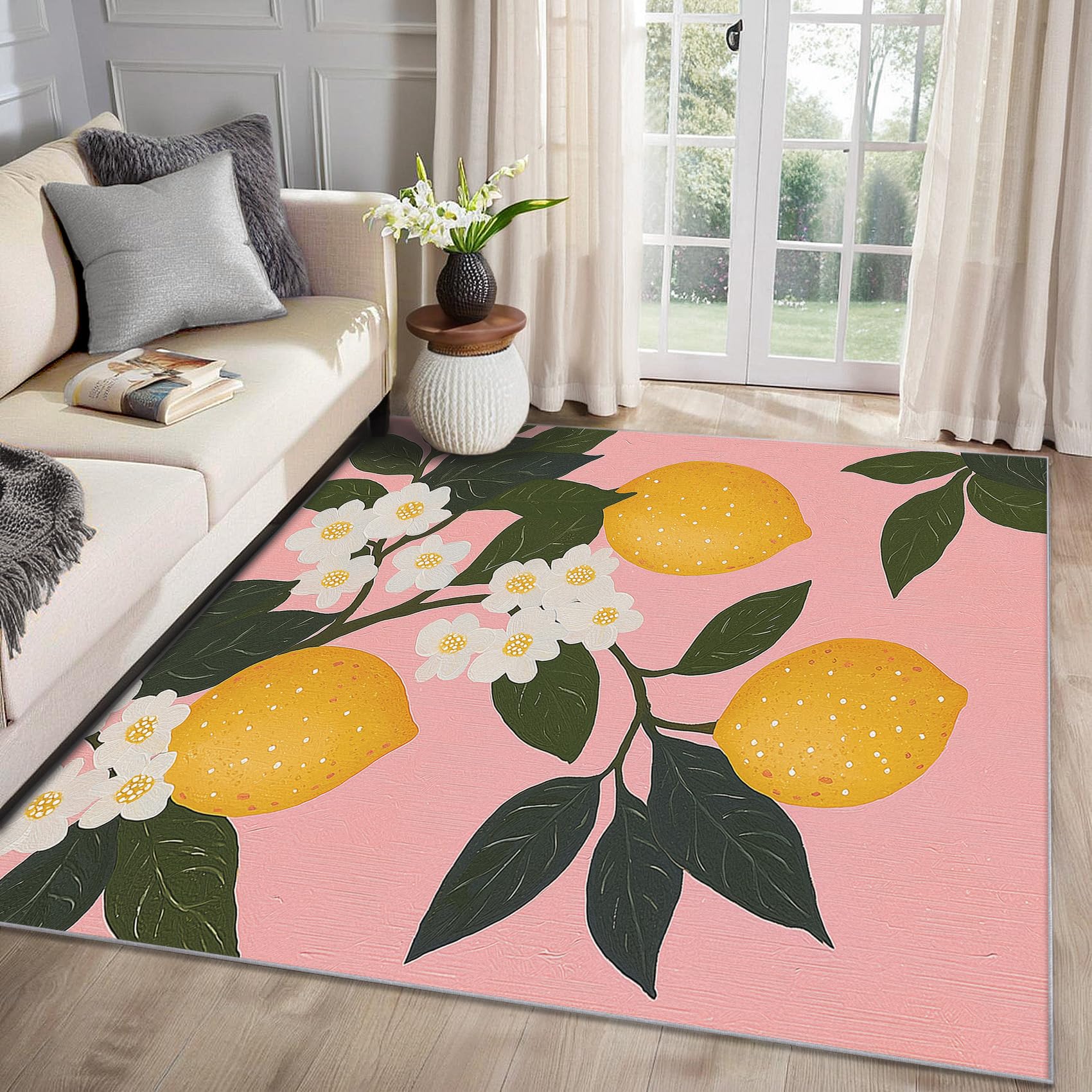 MMYAOKEN Lemon Rugs for Living Room - Lemon Rug 120 x 120, Floral Green Leaf Botanical Patterned Area Rugs for Bedroom, Machine Washable Non Slip Soft Carpet, Tropical Fruit Home Decor & Gifts