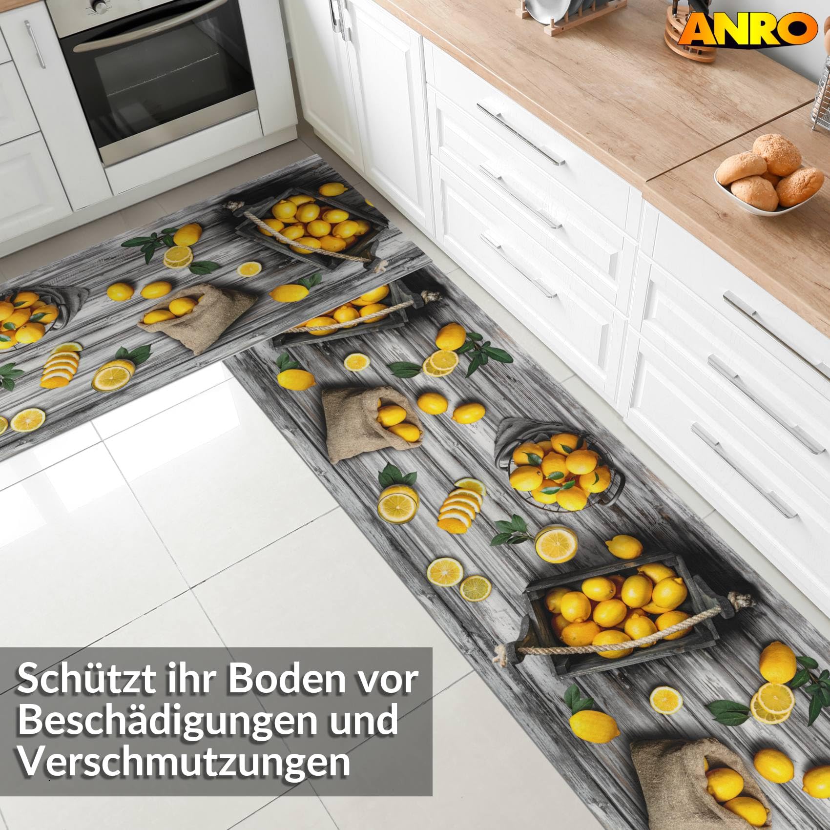 ANRO Küchenläufer Teppichläufer abwaschbar Läufer Flur rutschfest pflegeleicht Zitronen 200 x 52 cm