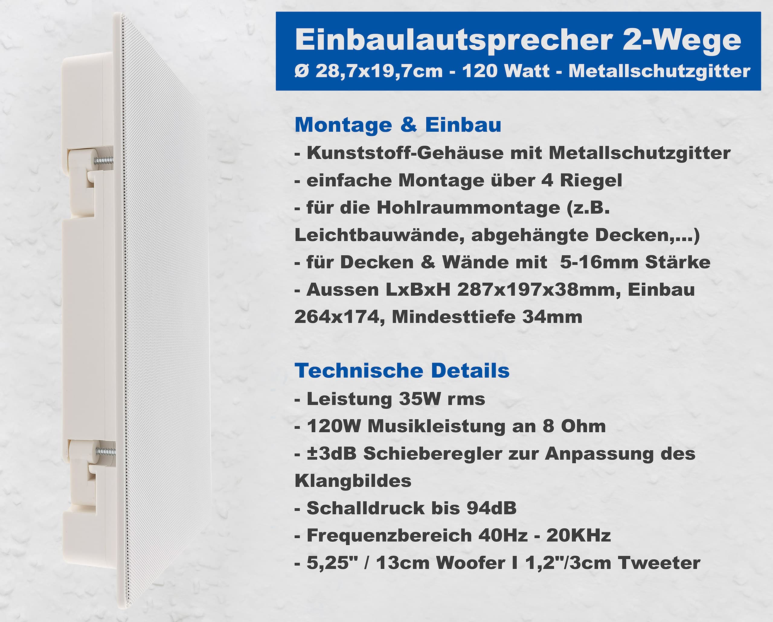 ChiliTec Altoparlante da Incasso 2 Vie 120 Watt 34 mm Bianco