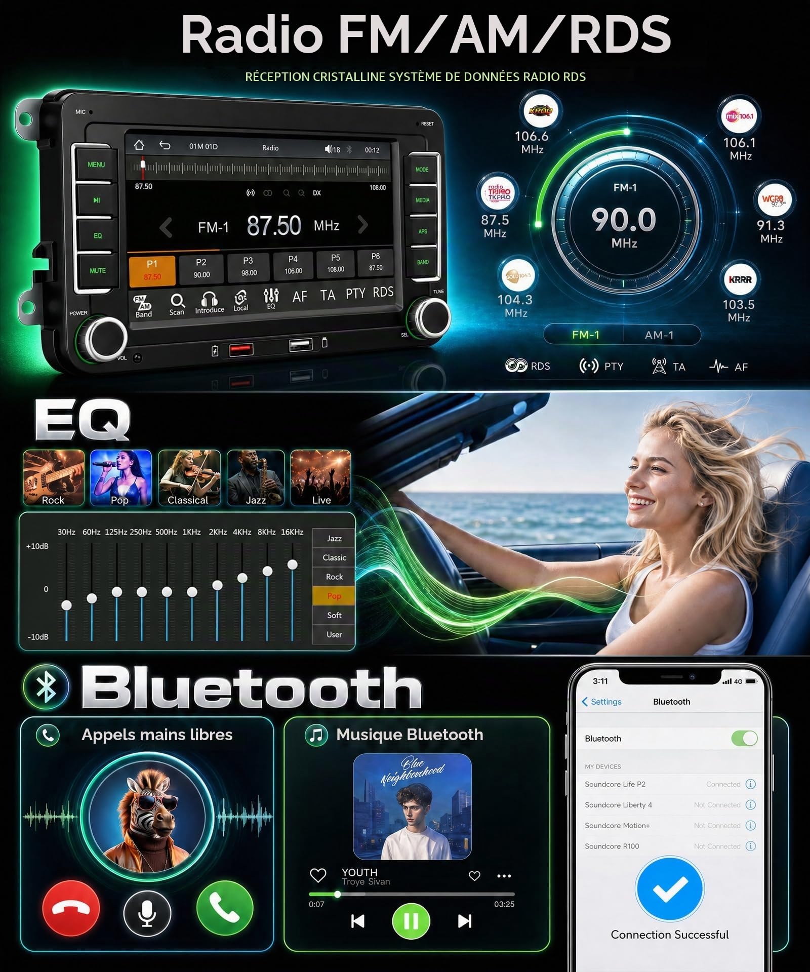 Rimoody Autoradio pour VW Golf 5 6 Passat Polo Tiguan Touran Caddy Skoda SEAT Sans Fil Carplay Android Auto Bluetooth 5.2 FM/AM/RDS, 7 Pouces Écran Tactile Radio Mirror Link EQ/USB/SWC Caméra de Recul