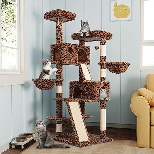 MUTICOR 66 Inches Multi-Level Large Cat Tree Tower for Indoor Big Feline/Cozy Plush Perches/Condo/Sisal Scratching Posts/Hammock and Baskets/Activity Center Play House/Wide Base/Leopard Print - Leopard Print