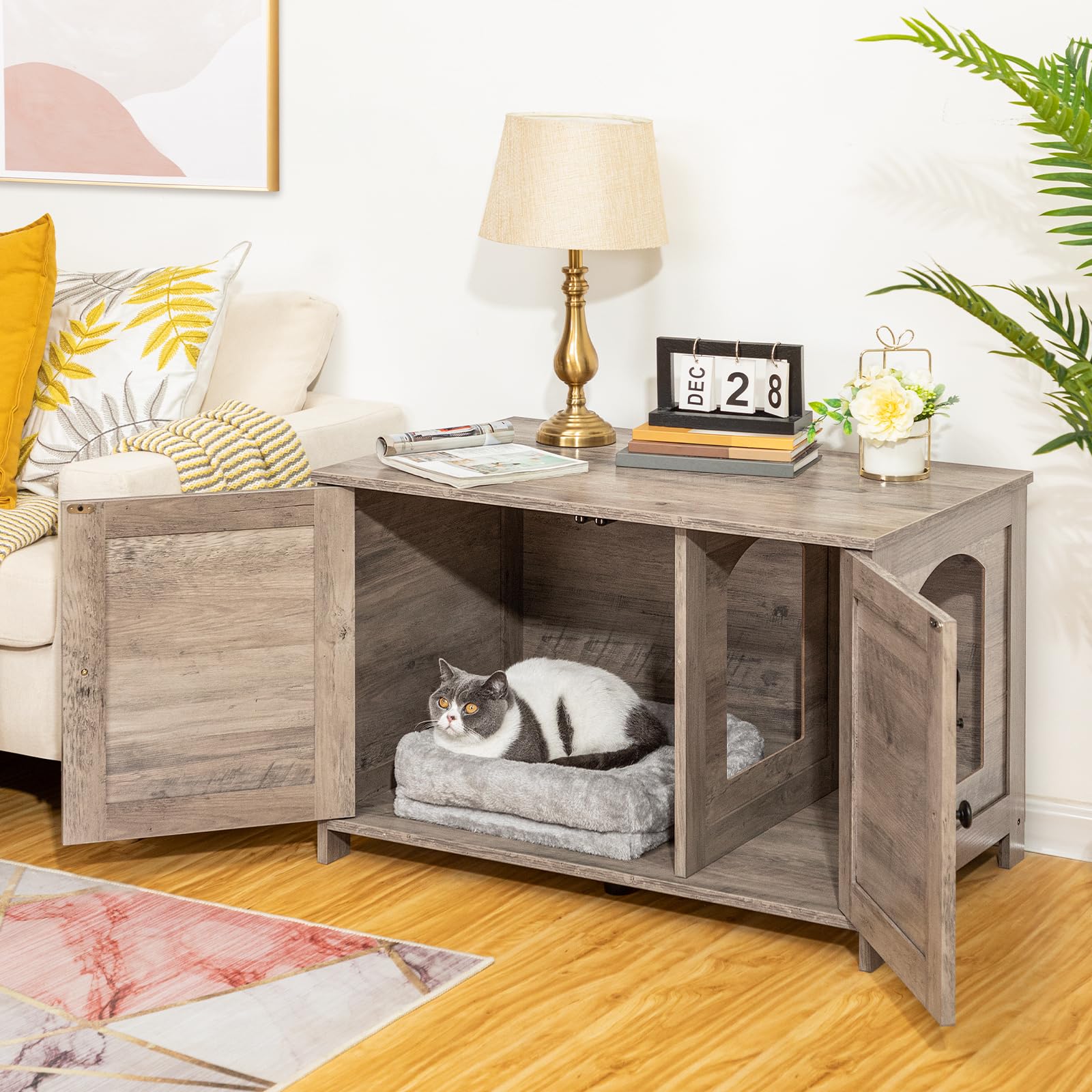 HOOBRO Litter Box Enclosure, Cat Litter Box Furniture with Removable Divider, Large Hidden Litter Box Furniture, Wooden Cat House, End Side Table, 31" L x 17.5" W x 19.7" H, Greige BG03MW01G2 - image 5
