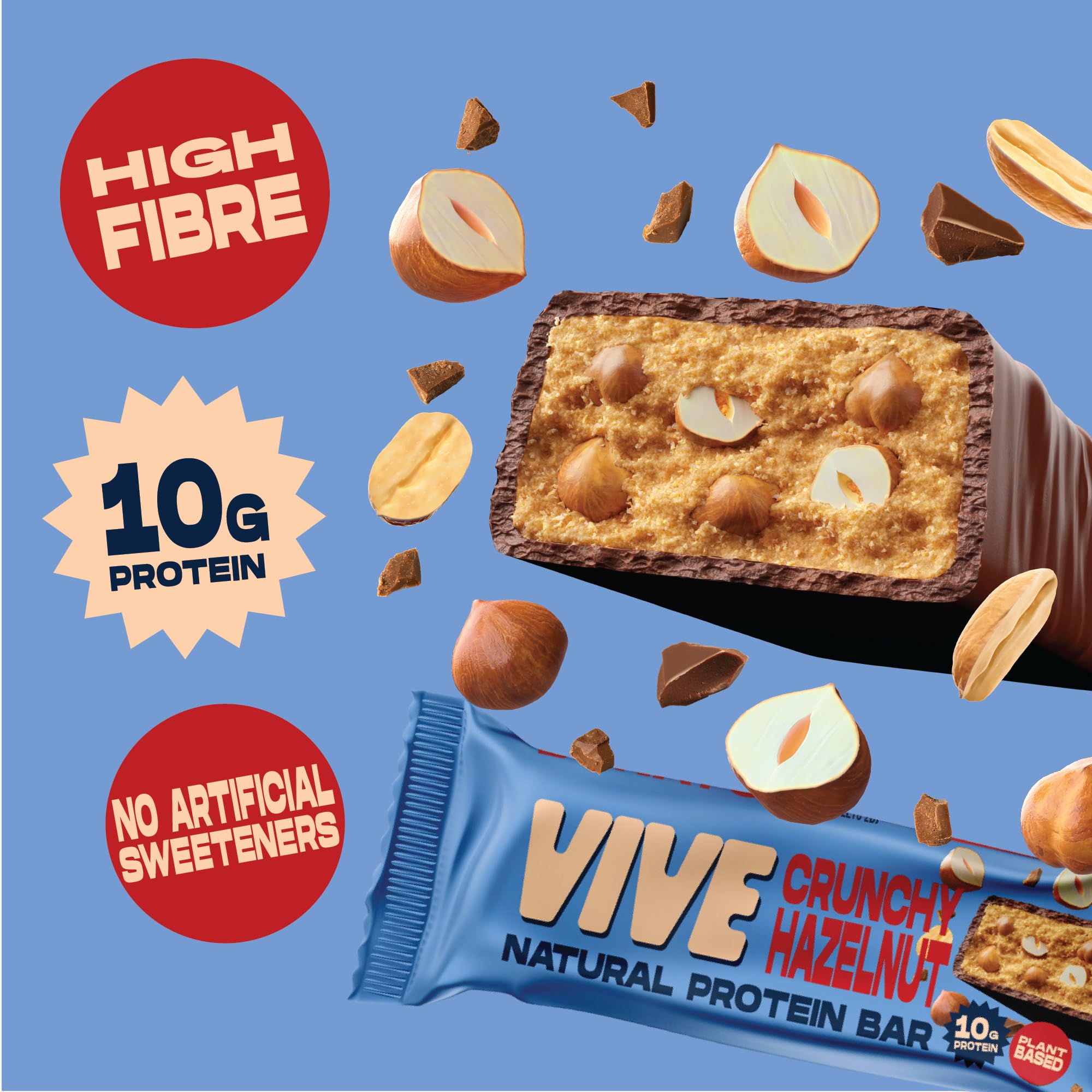 Vive Natürlicher Veganer High Protein Riegel - High Protein, 100% natürlich (Haselnuss, x12)