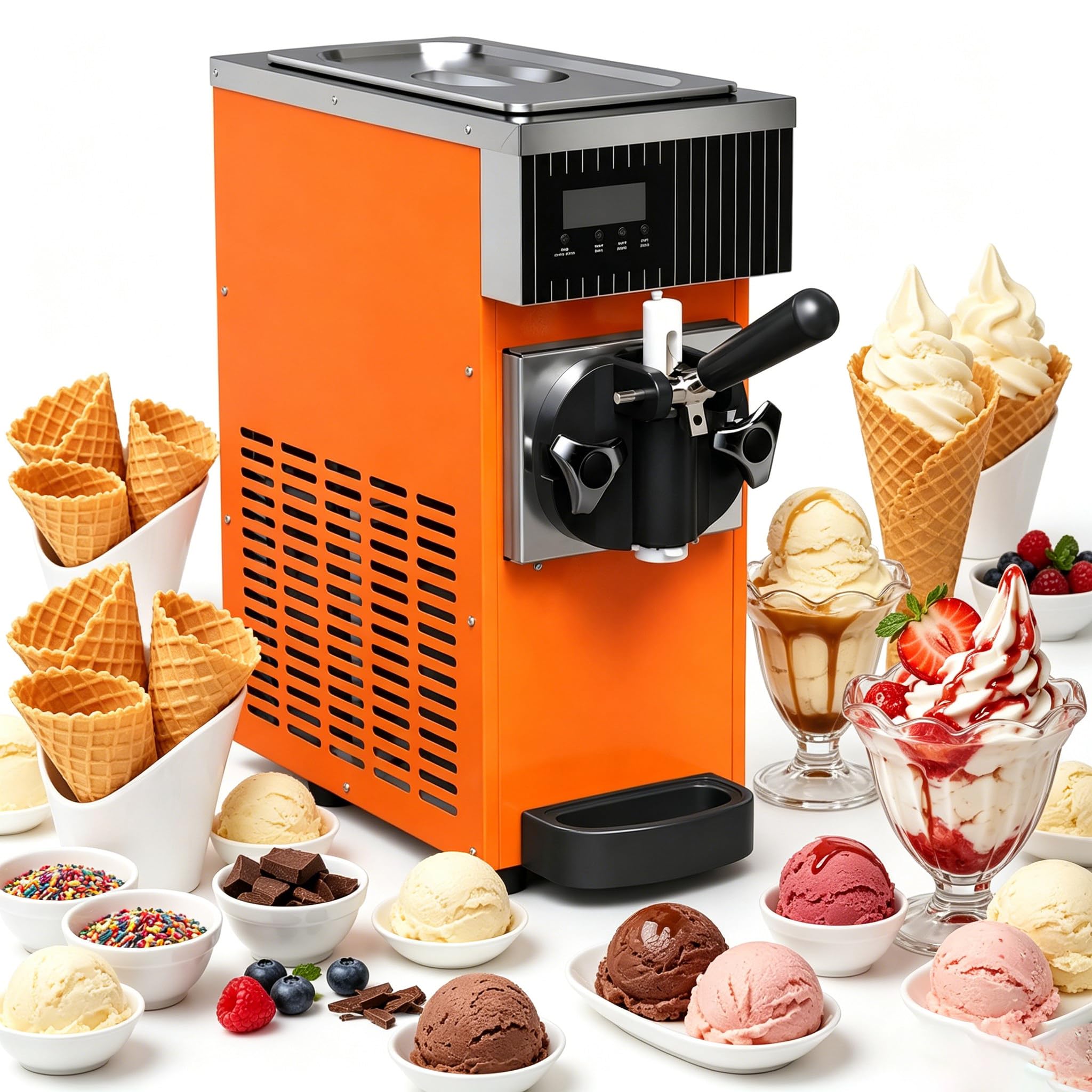 Sorbetière Domestique, 450 W, Mono-Parfum, Machine À Glace À L'italienne Professionnelle, Débit De 4 À 5 Kg/H, Trémie De 2,5 L, Écran LCD, Fonction Autonettoyante Orange