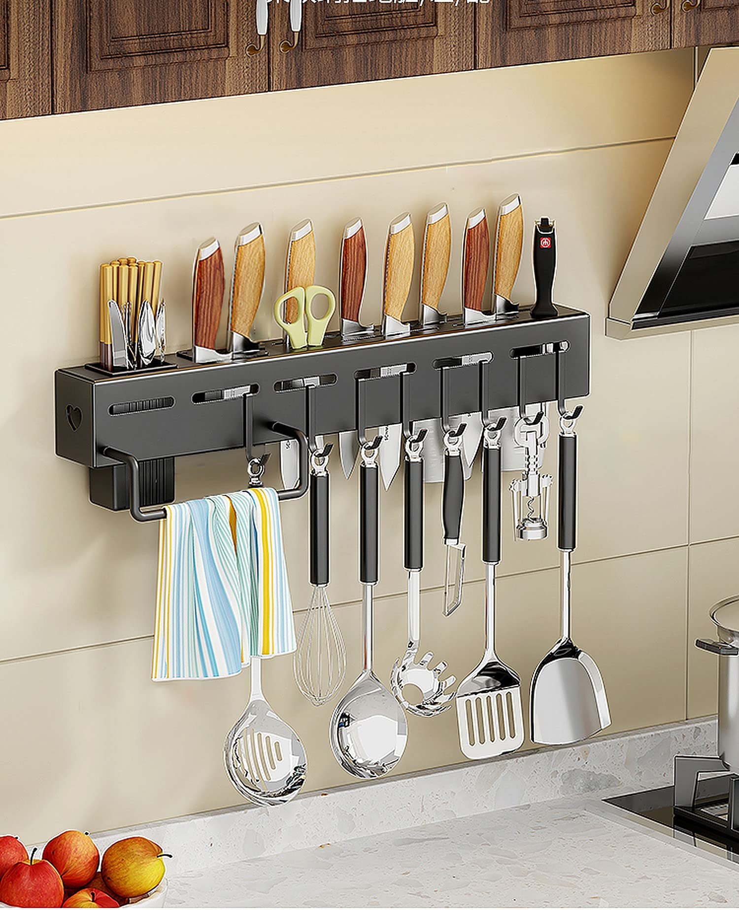 wolpin Stainless Steel Kitchen Shelf & Floating Wall Rack | Knife Holder, Towel Hanger, Spatula & Ladle Hooks | Cutlery Storage Organizer (40 x 5.5 x 7.4 cm, Multi-Purpose)