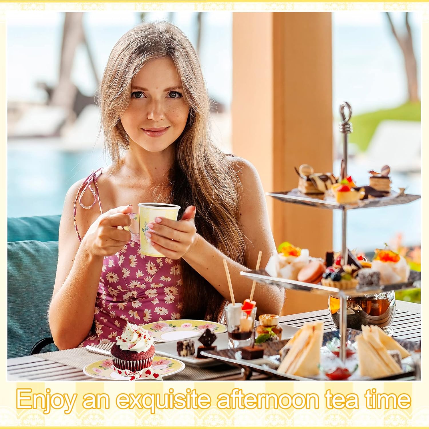 Zopeal 100 Pcs Disposable Tea Party Decorations 9 oz Floral Paper Tea Cups and Saucers Disposable Teacups with Handle for Mother Day Wedding Birthday Princess Blossom Baby Shower Supply(Light Yellow)