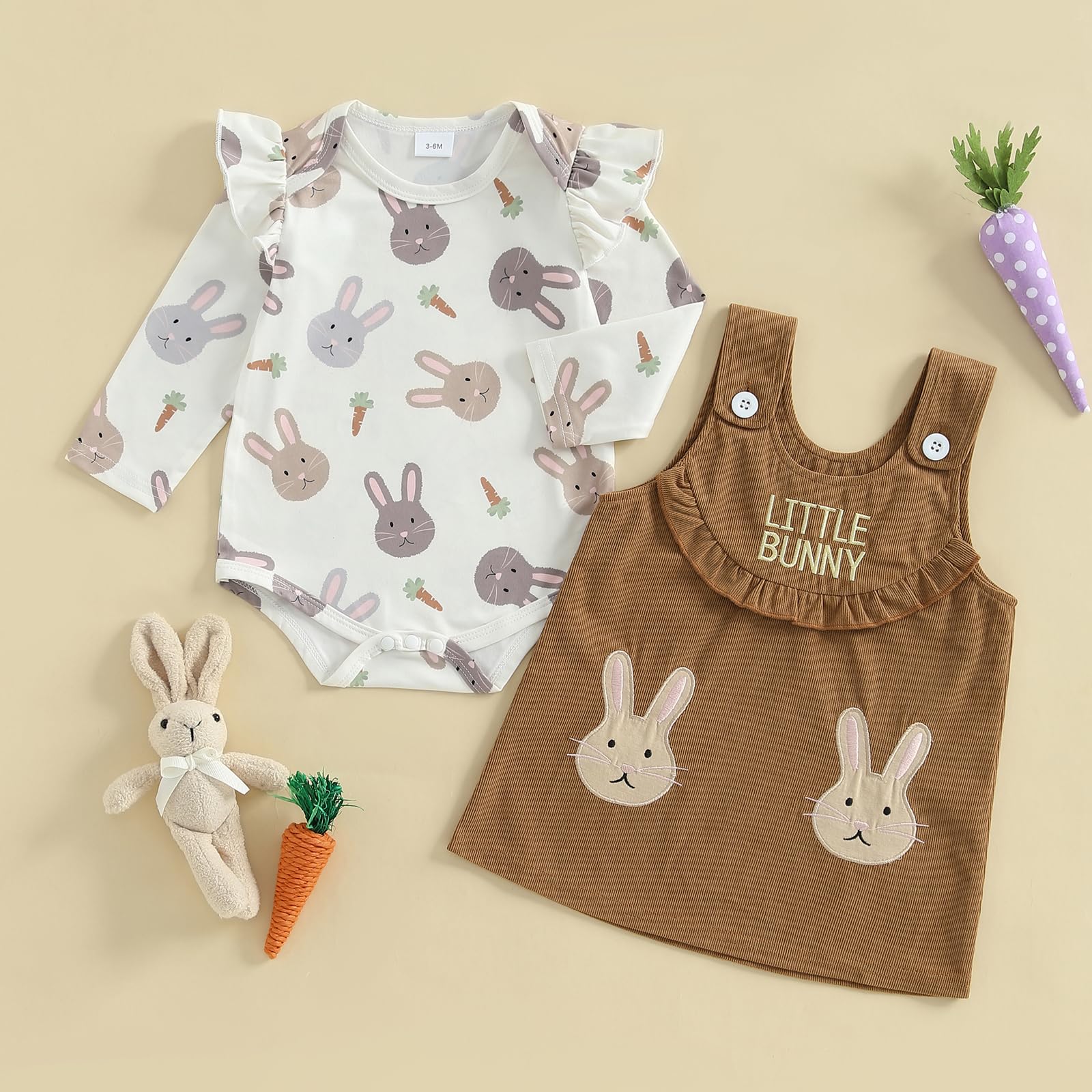 JLKGICF Newborn Baby Girl Easter Outfit Bunny Ruffle Long Sleeve Romper Overall Dress Easter Baby Girl Skirt Set Clothes (Brown, 6-12 Months)
