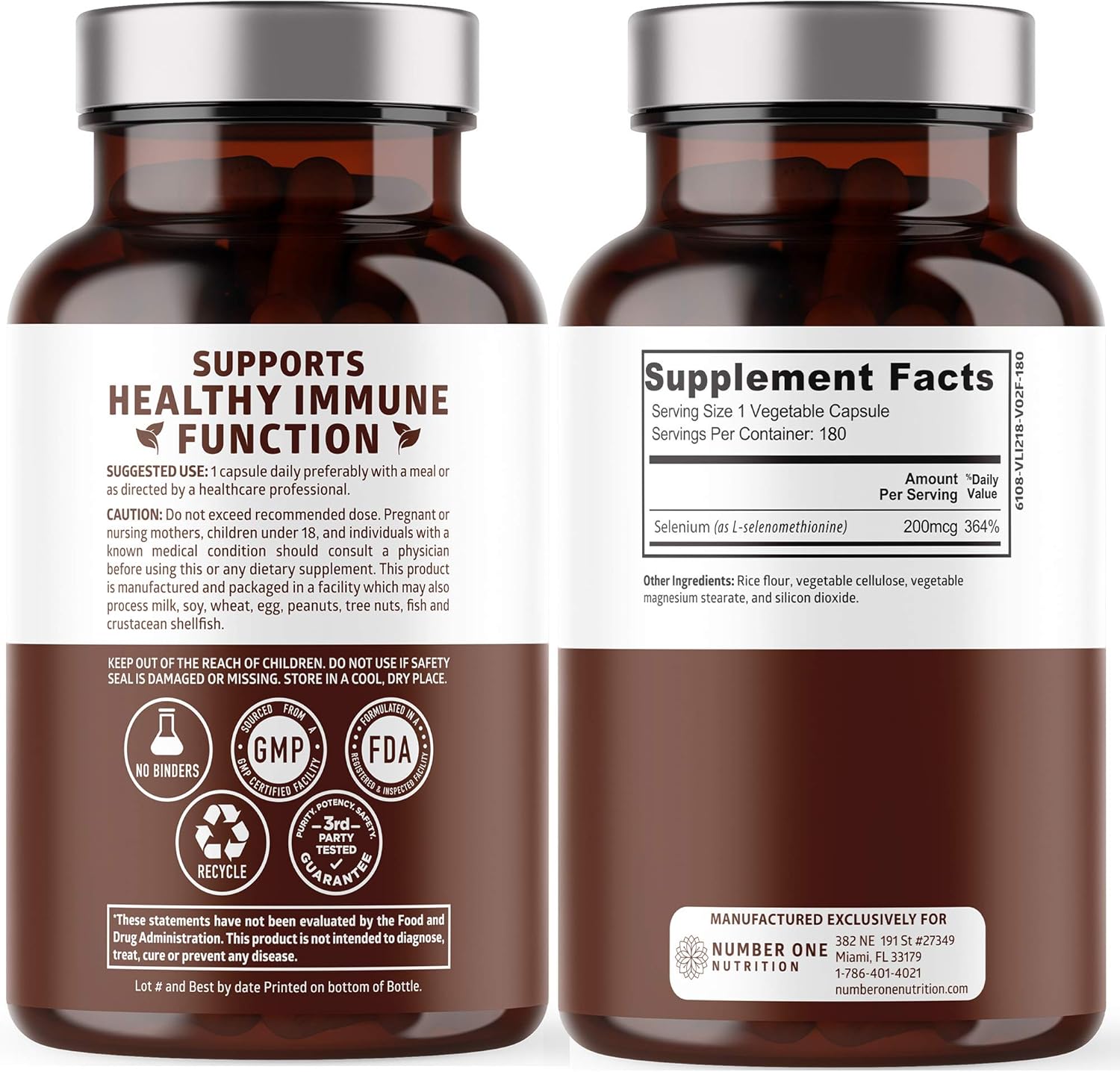 N1N Premium Pure Selenium [200MCG, Max Absorption] Essential Trace Mineral to Support Immunity, Heart, Thyroid and Prostate Health, 180 Veg Caps : Health & Household