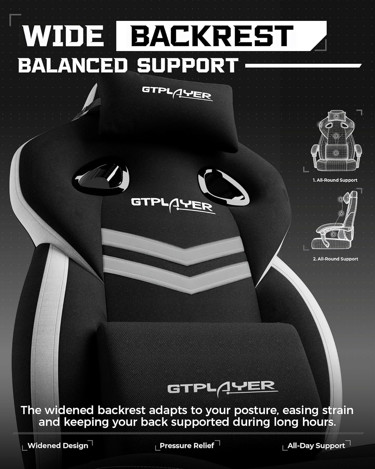 GTPLAYER Gaming Chair, Computer Chair with Footrest and Lumbar Support for Adults, 360°-Swivel Big & Tall Reclining Seat for Office or Gaming (Black&White) - Image 6