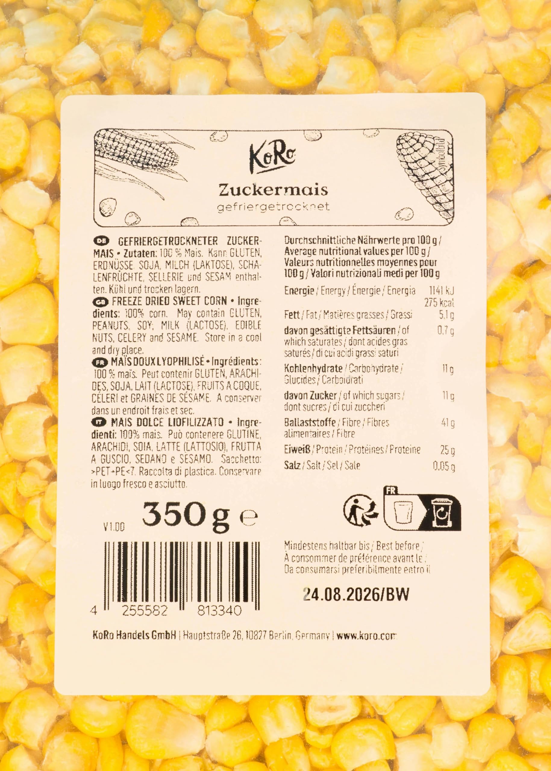 KoRo - Mais liofilizzato 350 g - al posto di popcorn o crostini - in zuppe, insalate e vellutate