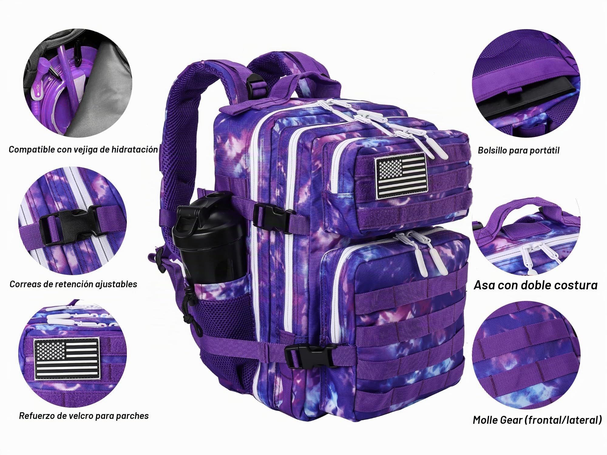 LHI Mochila táctica militar para hombres y mujeres, 25 L/35 L, mochila pequeña con soporte para botellas