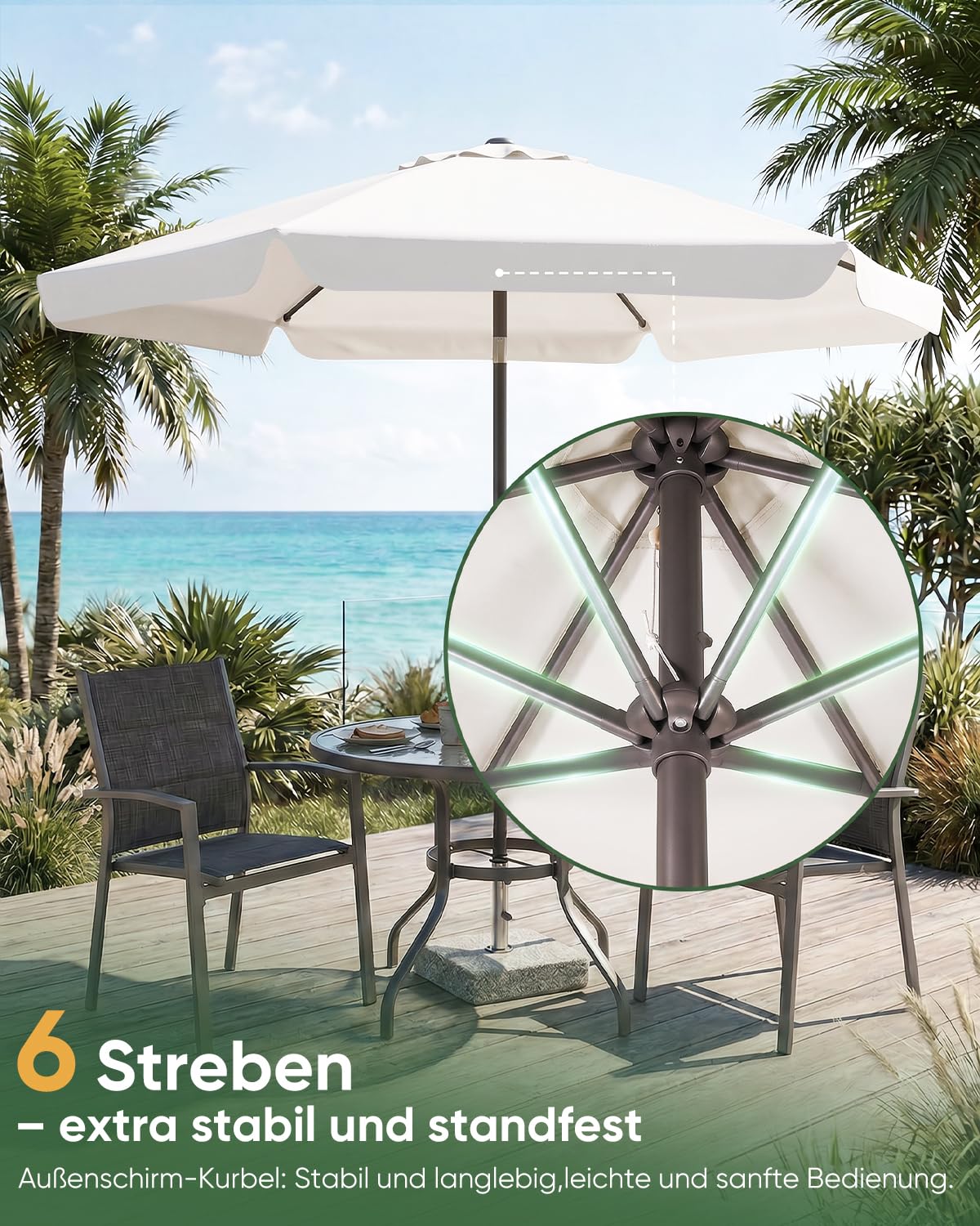 Sekey Parasol de 200 cm avec fonction manivelle et pliage, parasol de balcon, avec protection UV 50+, parasol pour balcon, terrasse, jardin