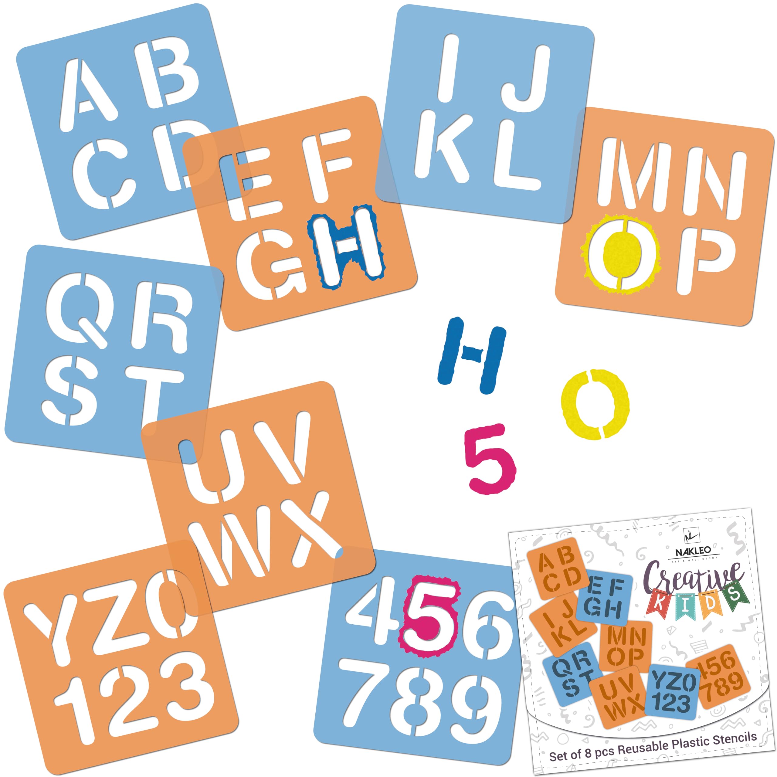 NAKLEO Painting Stencils for Kids, 8 Pcs Set 15x15cm Alphabet Letters Numbers, Children Creative Drawing Templates Plastic and Reusable, DIY Decoration Arts and Crafts, Paper Wall Wood Fabric