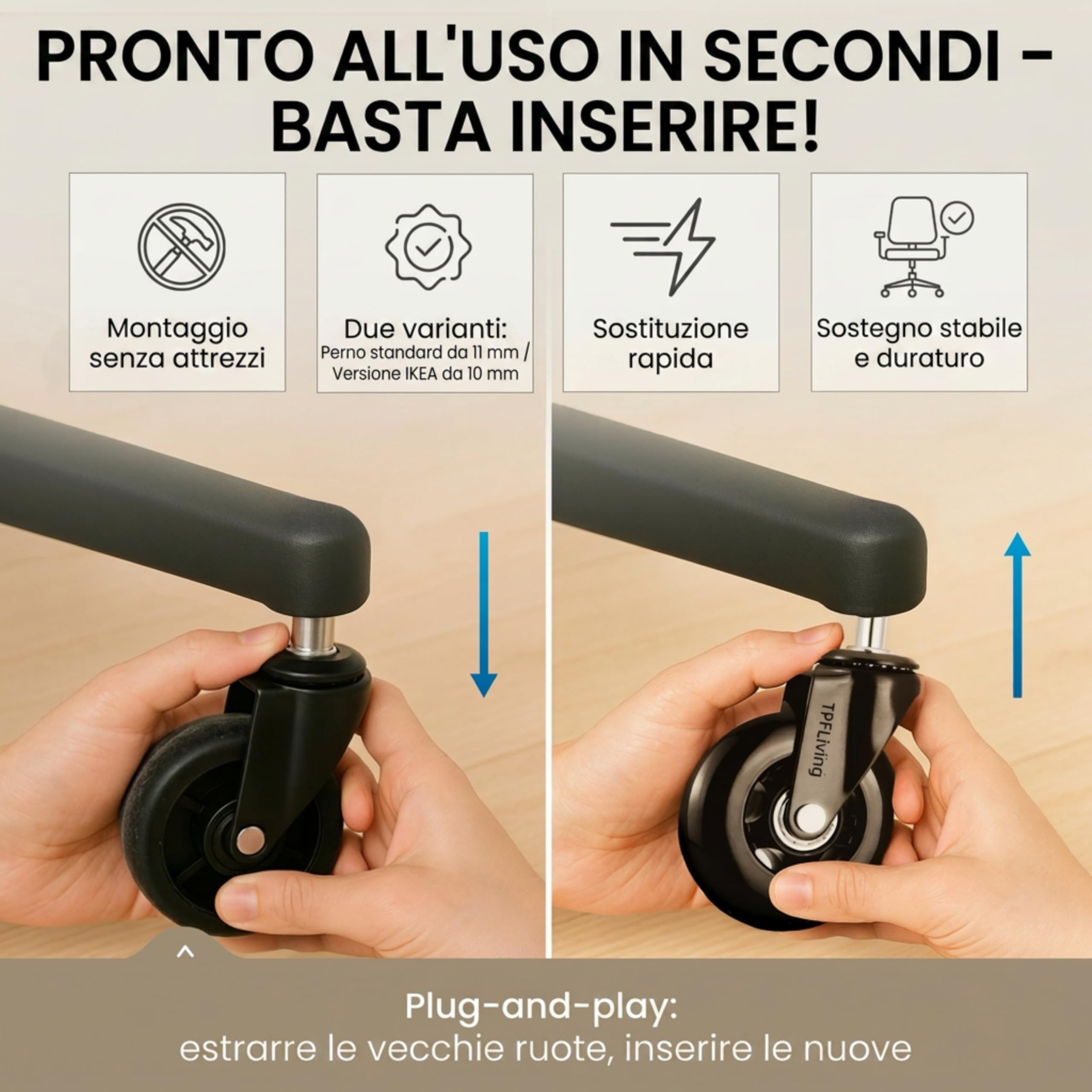 Set premium da ruote sedia ufficio 11 mm x 22 mm – Certificato SGS fino a 400 kg (900 lbs) – Ruote durevoli, silenziose e delicate sui pavimenti – Rotelle per mobili facili da montare