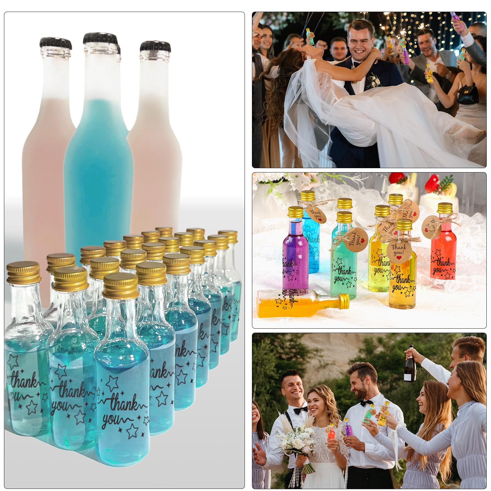 WenYa Confezione da 48 mini bottiglie di liquore, 100 ml, vuote, in plastica, con coperchi (tappi a vite neri a prova di perdite), riutilizzabili, in miniatura, con etichette, imbuto, per matrimoni e