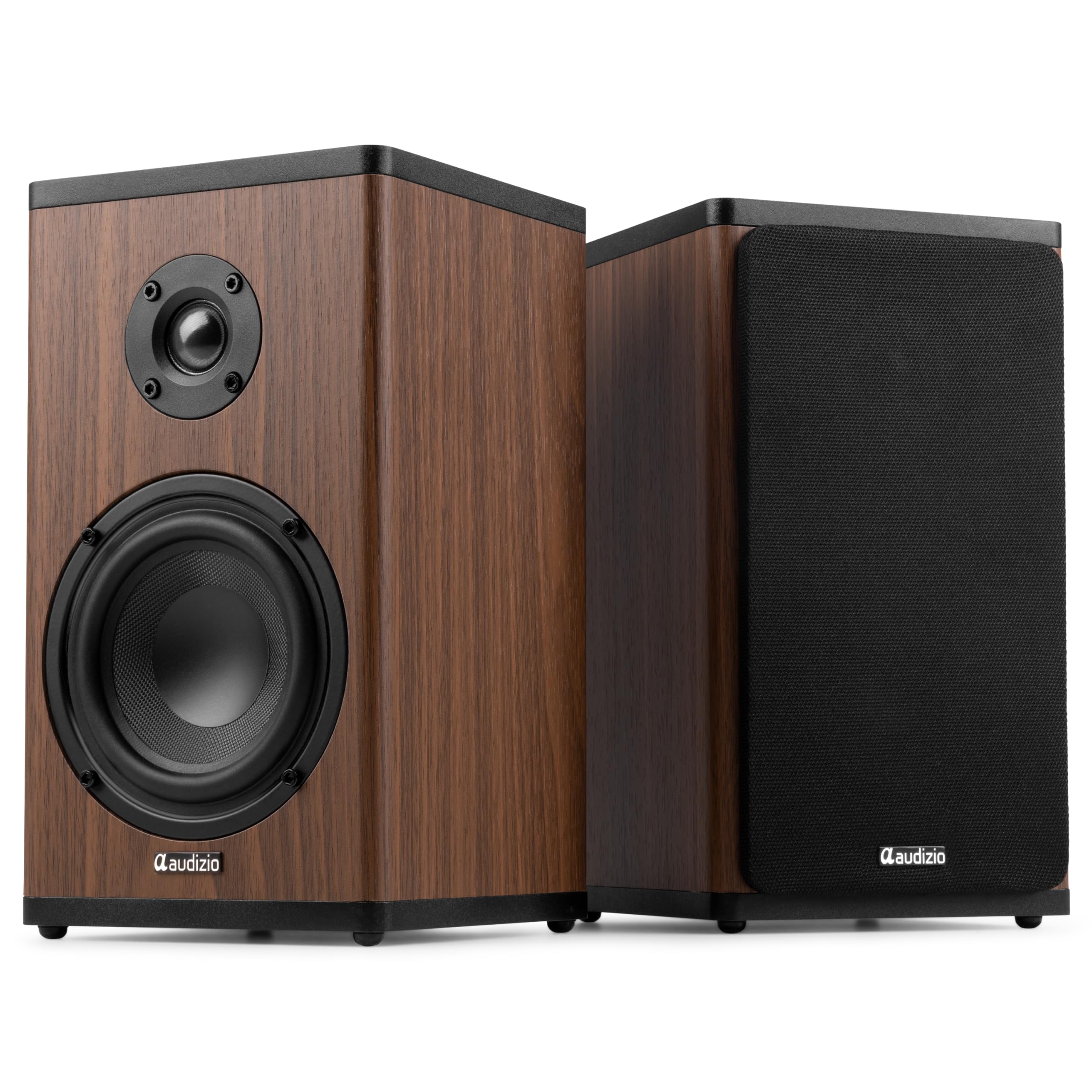 Audizio BS20 – Altavoces estéreo HiFi con batería Recargable y Amplificador Incorporado, Altavoces de estantería Bluetooth y AUX para casa, Ordenador, Cadena HiFi o Tocadiscos – Color Madera Oscura