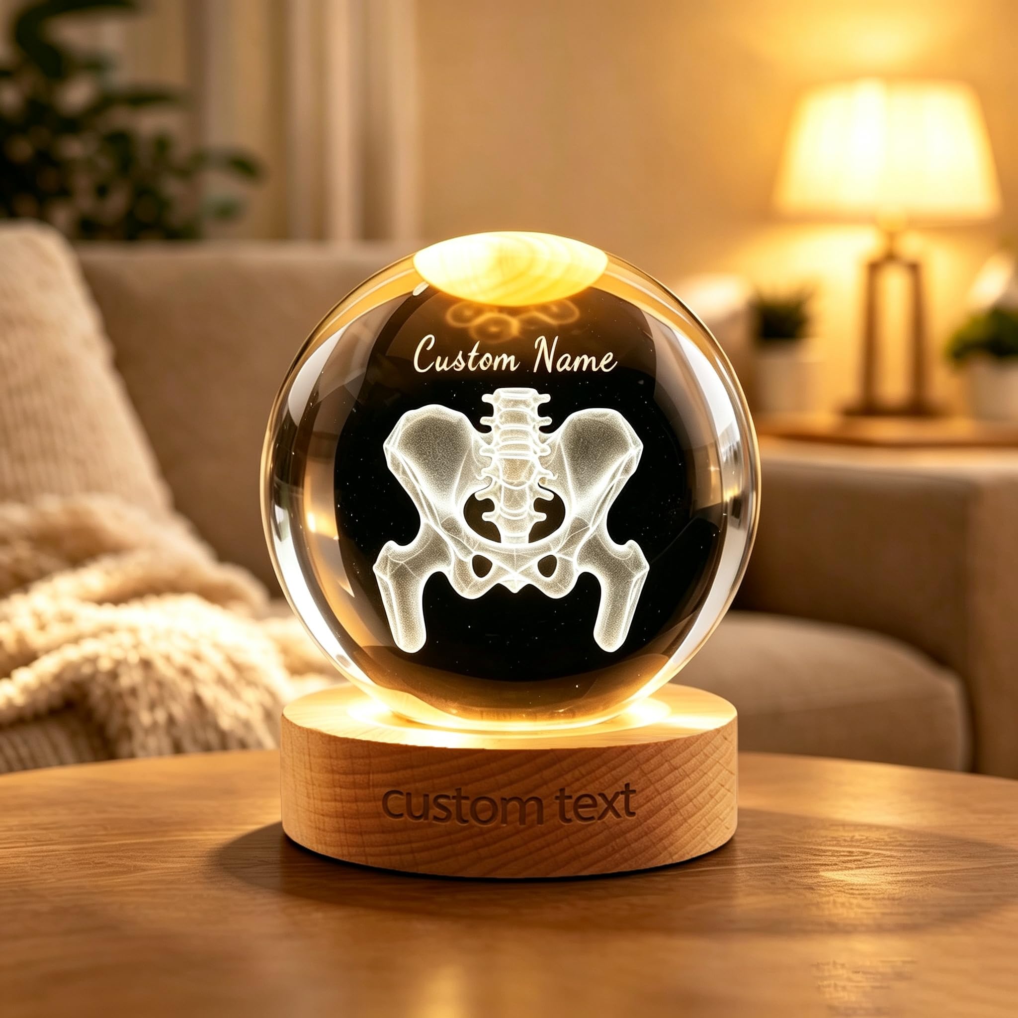 Amabery Custom Pelvis Bone Crystal Ball Night Light, Personalized Name & Text LED Crystal Sphere, Appreciation Gift for Orthopedist Chiropractor Physical Therapist, Xmas Birthday Graduation Gift
