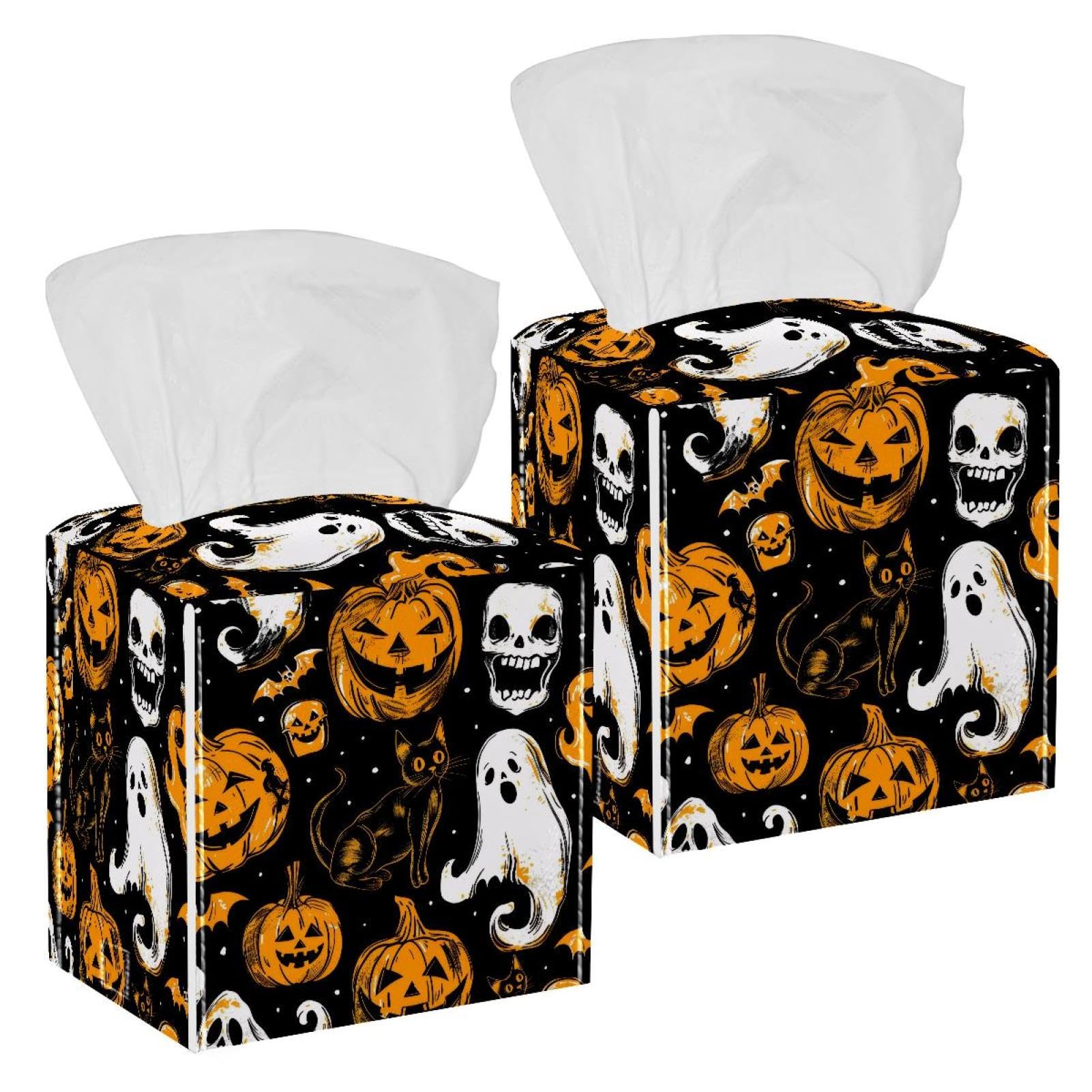 Halloween Pumpkin Skull Tissue Box Cover, 2 Pack PU Leather Square Facial Tissue Dispenser Box holder for Home Office Car