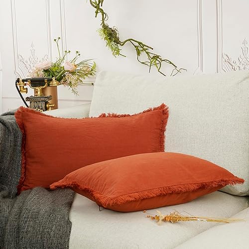 Miniatura 2 de YOUR SMILE Juego de 2 fundas de cojín de felpilla suave teñidas de algodón con bordes de flecos de algodón para sofá, decoración del hogar y granja,