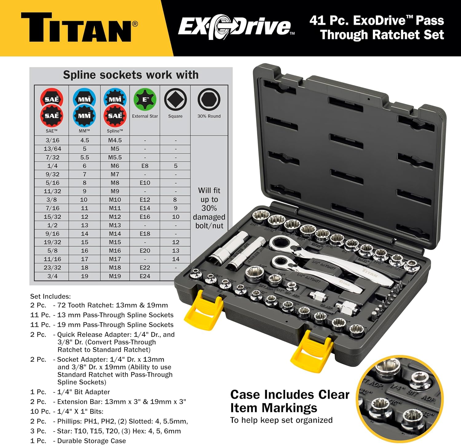 Titan 17441 1/4-Inch & 3/8-Inch Drive 41-Piece ExoDrive Pass-Through Ratchet and Socket Set, Pass-Thru Mechanics Tool Set