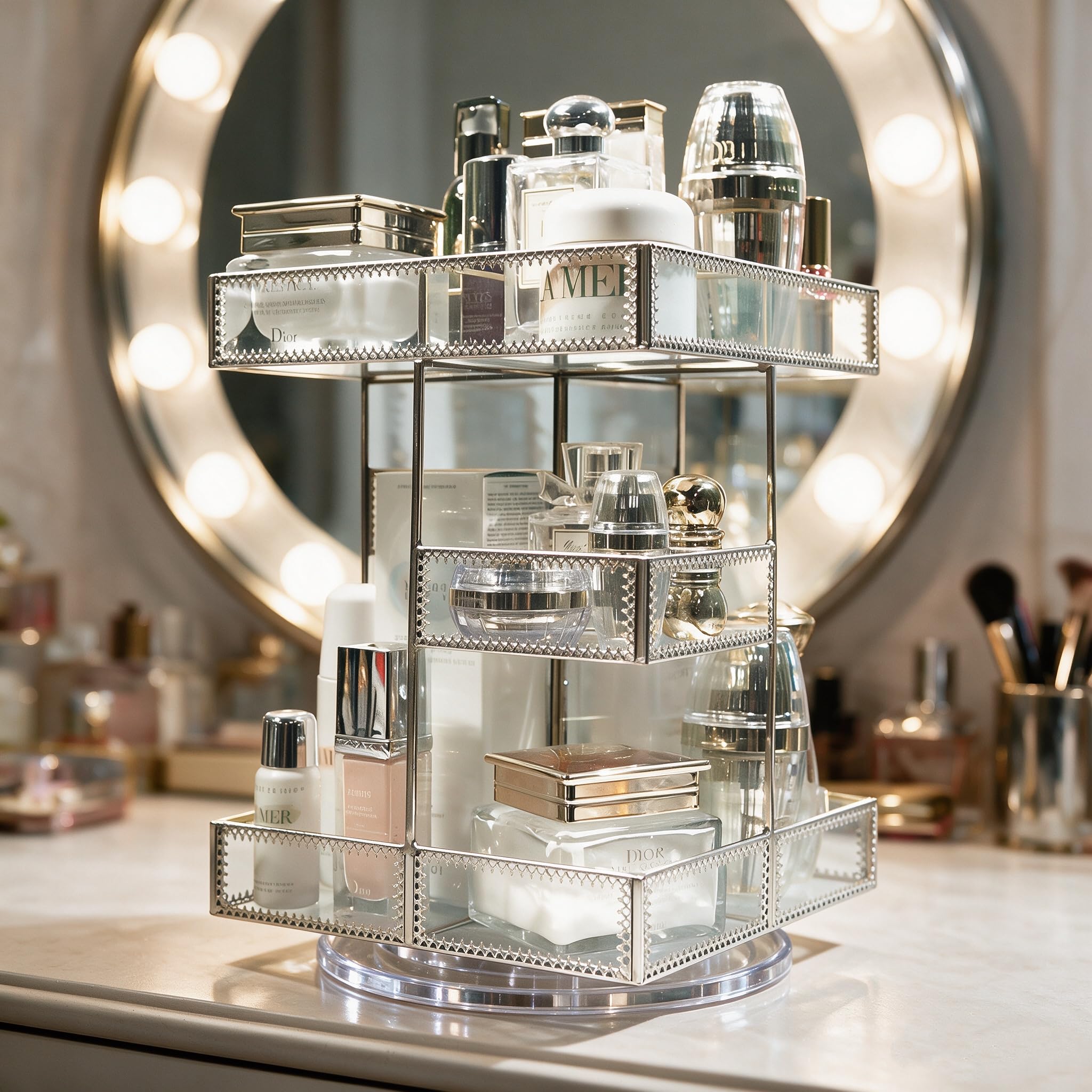 Organizador de cosméticos de rotación de 360 grados, almacenamiento de maquillaje premium con base giratoria, almacenamiento de cosméticos antiguo para encimera, gran capacidad, exhibición de