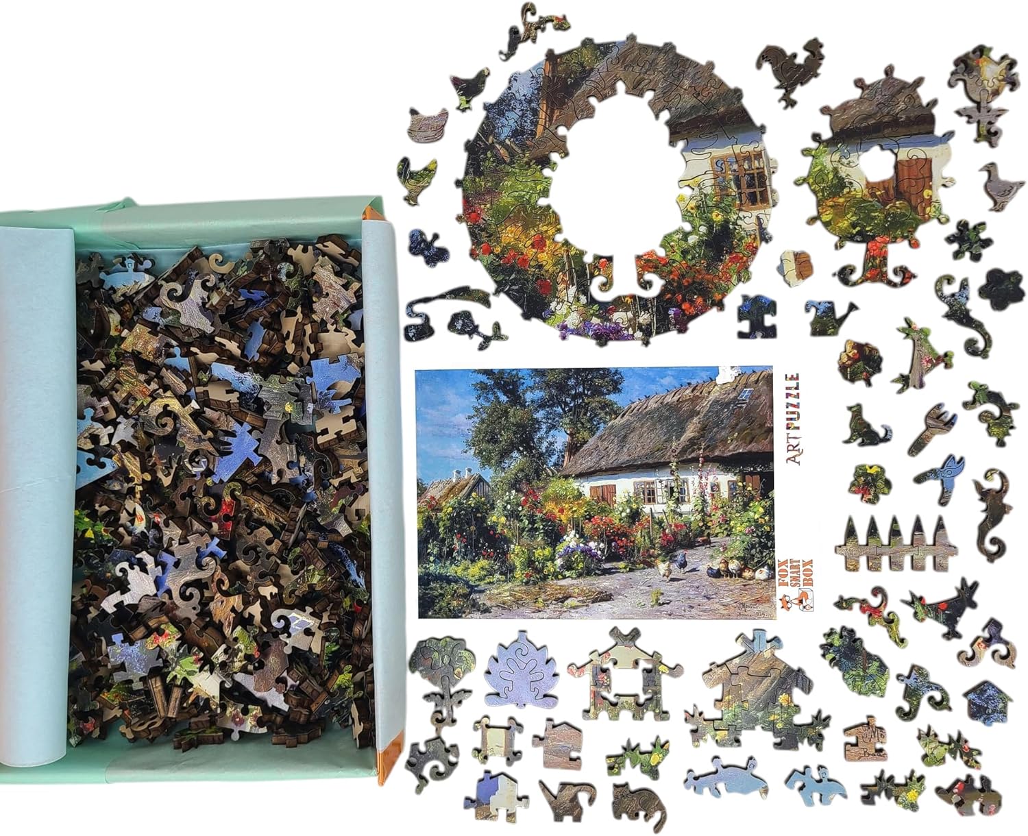 Wooden Puzzle for Adults - Uniquely Shaped Pieces - Made in The USA by FoxSmartBox - 400 Pieces - A Cottage Garden with Chickens