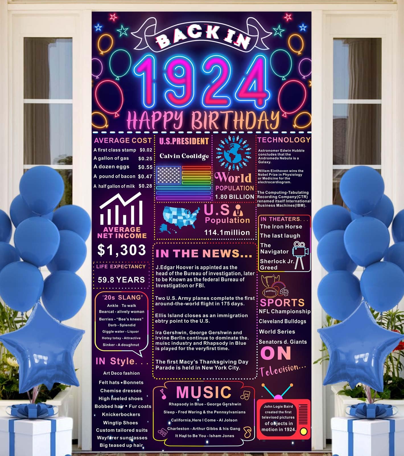Back In 1925 100th Birthday Decorations Happy 100th Birthday Banner Backdrop Vintage Birthday 100 Years Ago Theme Decor 100th Gifts for Man and Woman 100th Birthday Party Supplies Neon