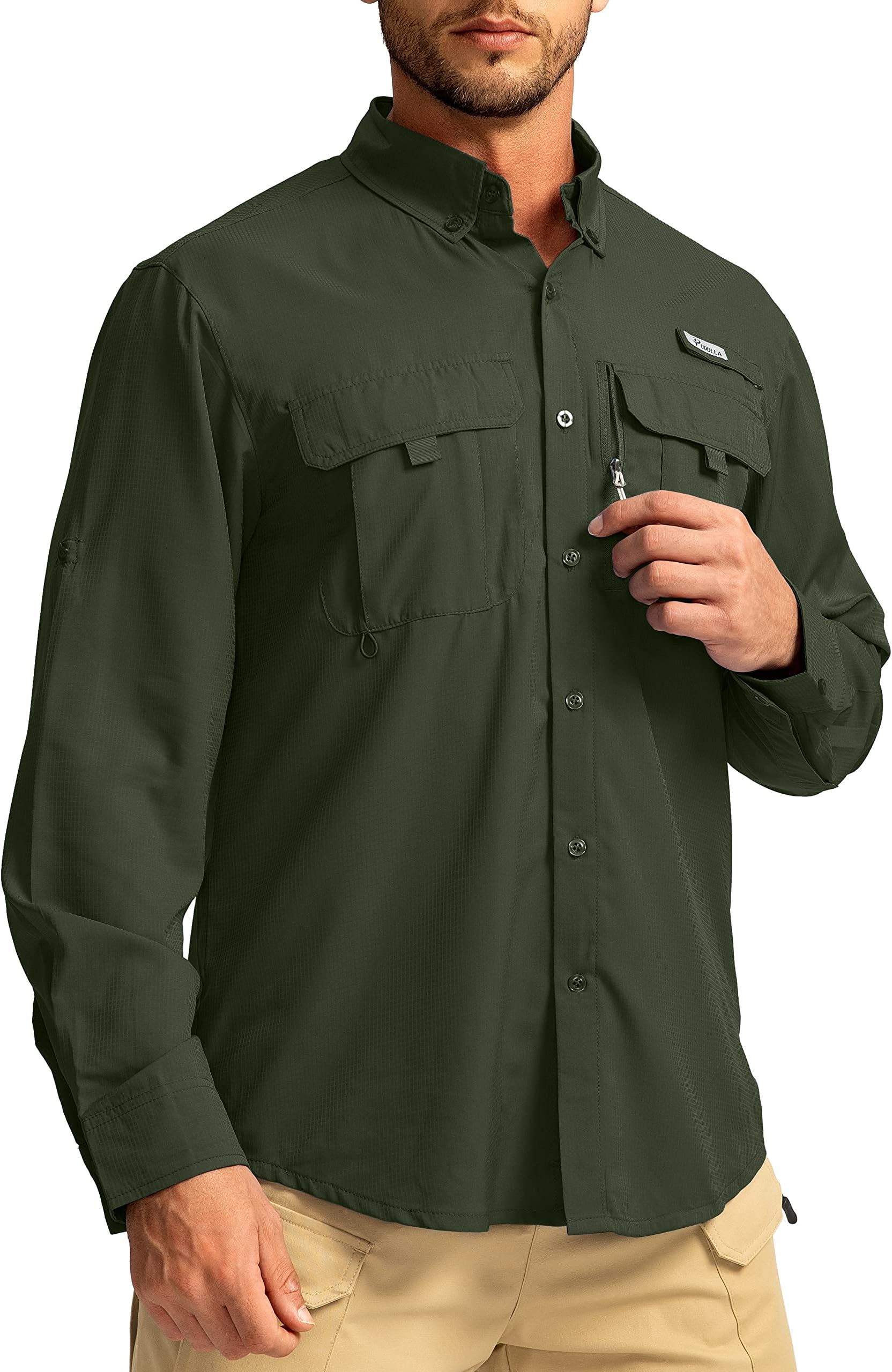 Men's Sun Protection Fishing Shirts Long Sleeve Travel Work Shirts for Men UPF50+ Button Down Shirts with Zipper Pockets