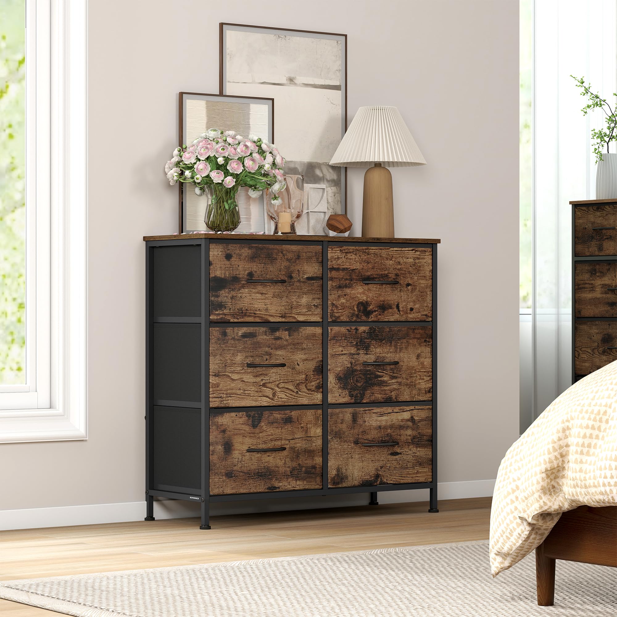 SONGMICS Chest of Drawers, 6 Fabric Drawers Storage Unit, Steel, MDF, Non-Woven Fabric, for Bedroom, Closet, Hallway, Living Room, Rustic Brown and Ink Black LGS123BH04