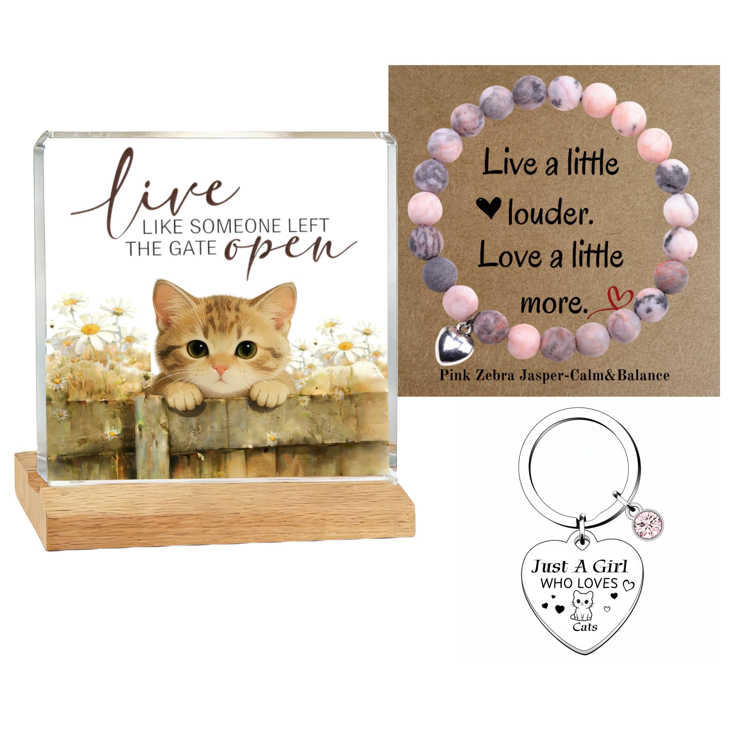 Cat Gifts for Women - 3-in-1 Cat Lover Gift Set with Pink Zebra Jasper Wristlet Keychain Accessory, Acrylic Desk Plaque & Heart Keyring - Just A Girl Who Loves Cats Birthday Present for Mum Her