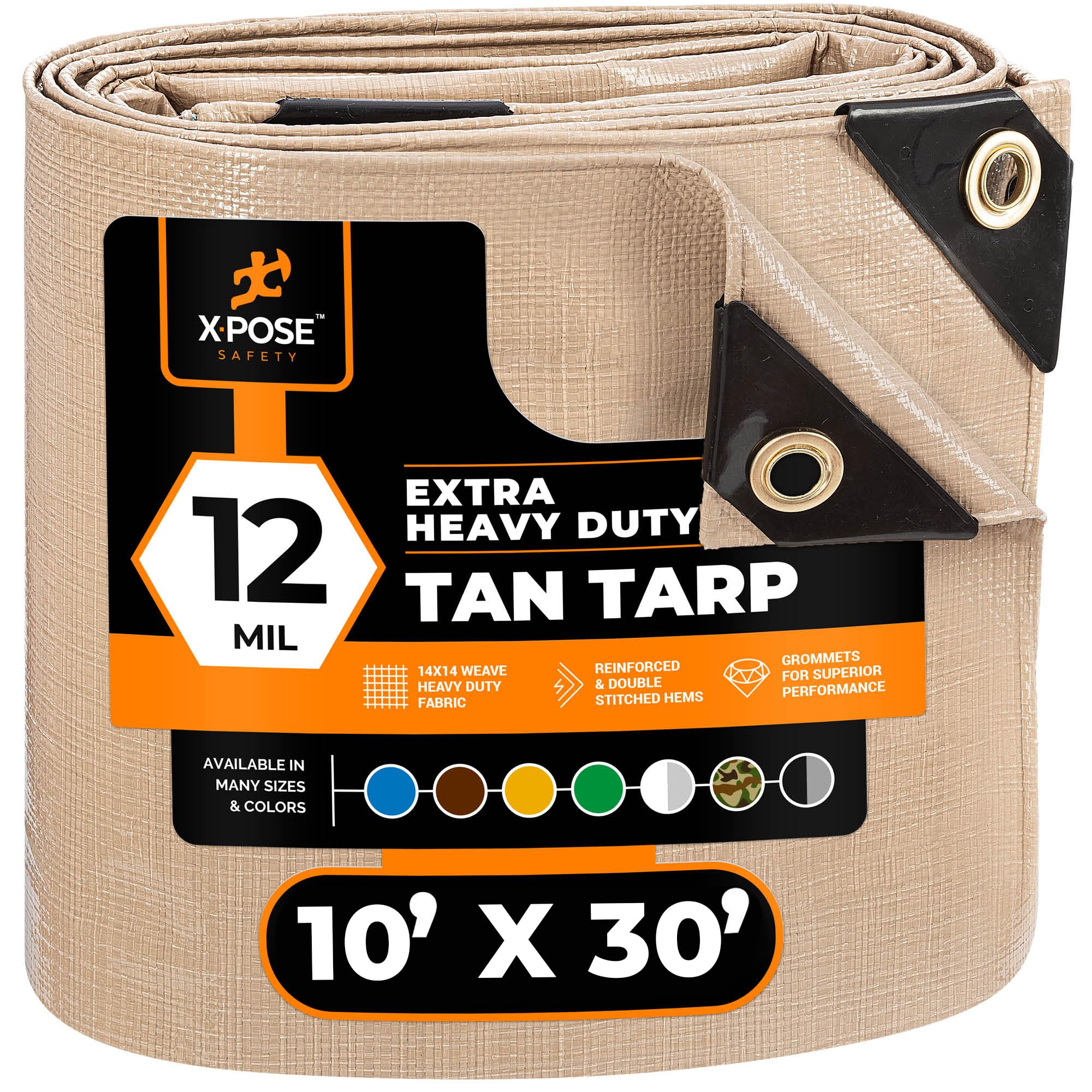 heavy duty tan poly tarp 10' x 30' - multipurpose protective cover - durable, waterproof, weather proof, rip and tear resistant - extra thick 12 mil polyethylene - by xpose safety