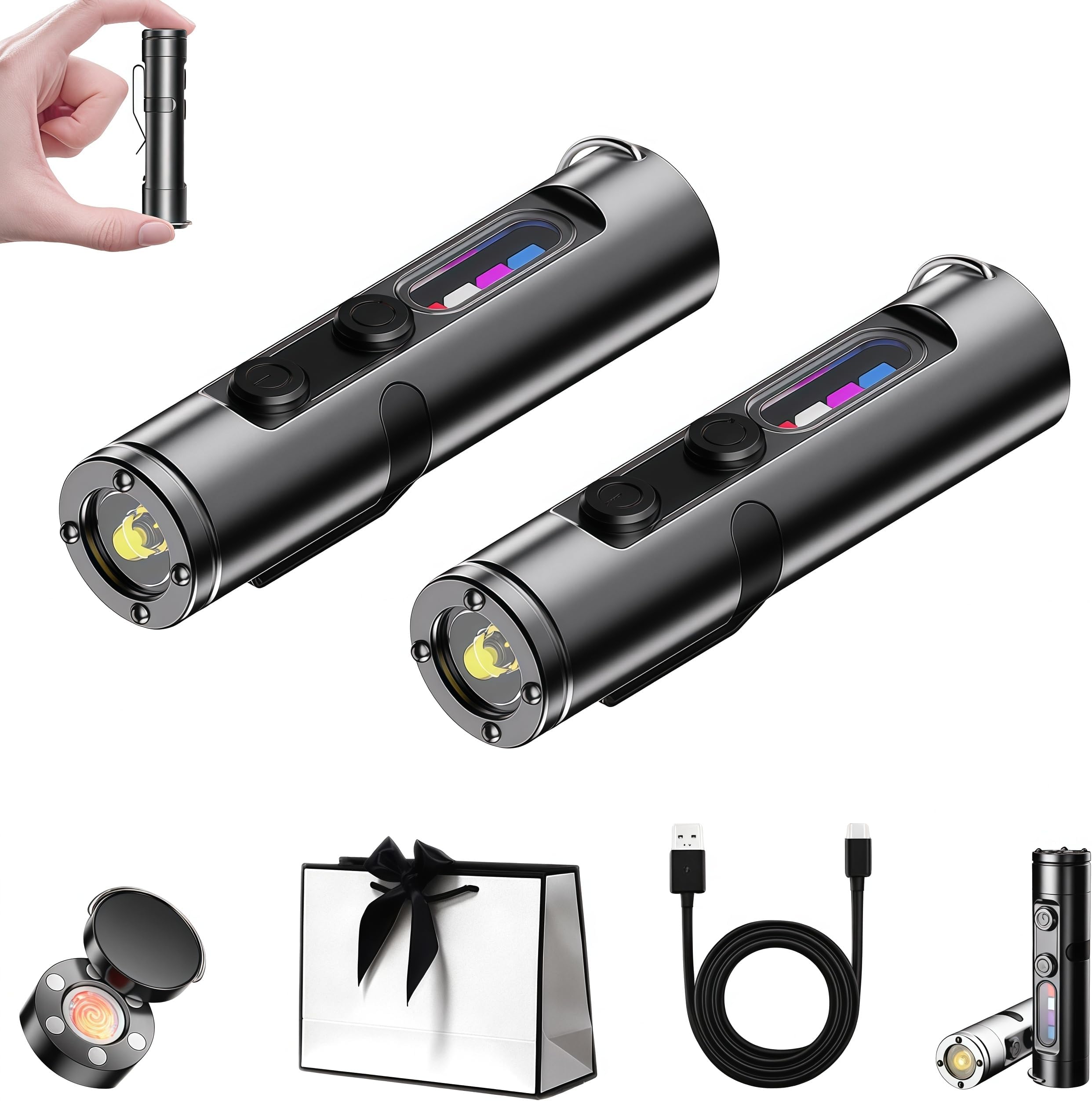 Pocket Rechargeable EDC Flashlight: 500 Lumens Mini Keychain Light with Fire Starter & Window Breaker, 5 Modes, Magnetic Base, Pocket Rechargeable EDC Flashlight for Camping and Travel (2 Pcs Black)