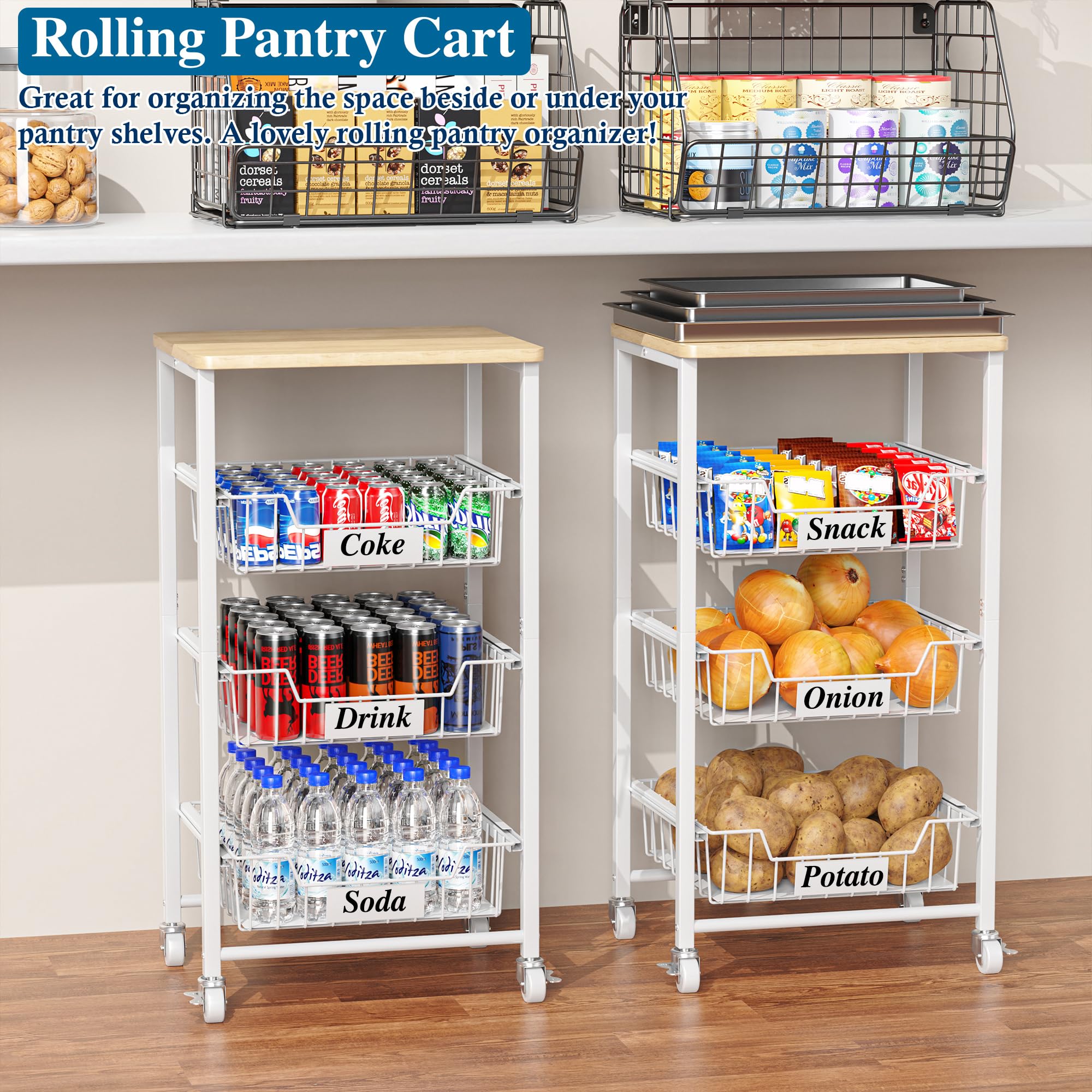 OKZEST Kleiner Küchenwagen mit 4 Ebenen, auf Rollen mit ausziehbaren Schubladen, rollender Speisekammer und Snack-Organizer-Wagen mit Holzplatte, Küchenboden, Obstkorb, Ständer für Obst, Kartoffeln
