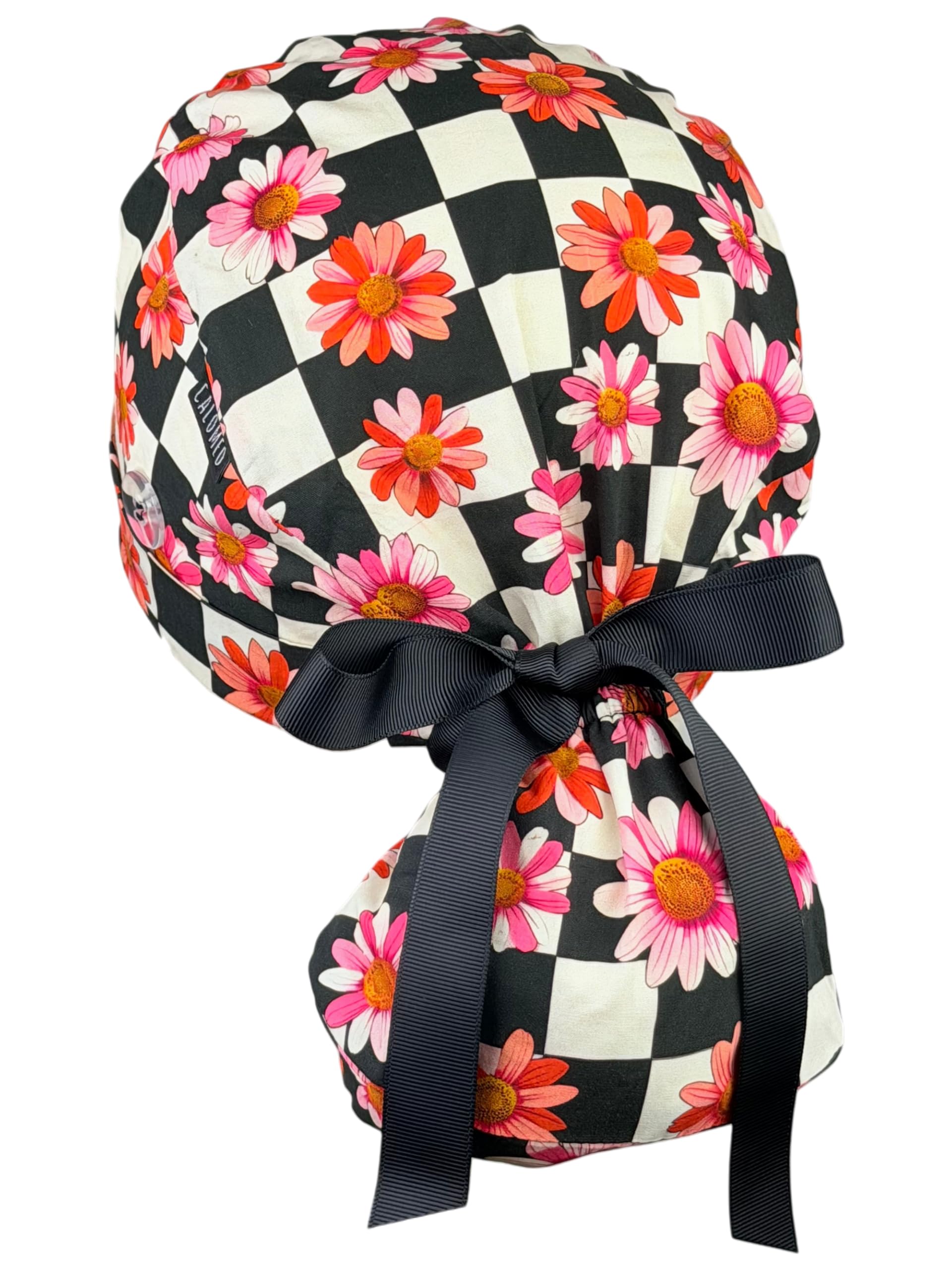 Scrub Cap for Women and Men, Ponytail Scrub Caps, Working Hat, Head Cover with Ribbon Ties and Buttons, Long Hair