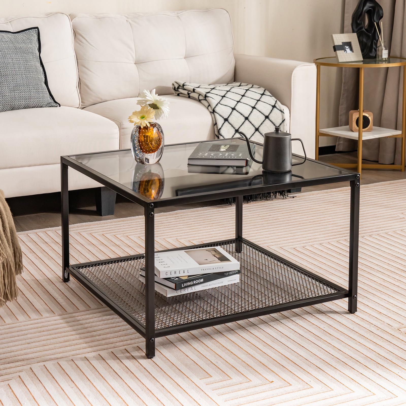 Tavolino Da Caffè VASAGLE Con Vetro Temperato - 100x55x45cm, Nero, Moderno - Foto 11