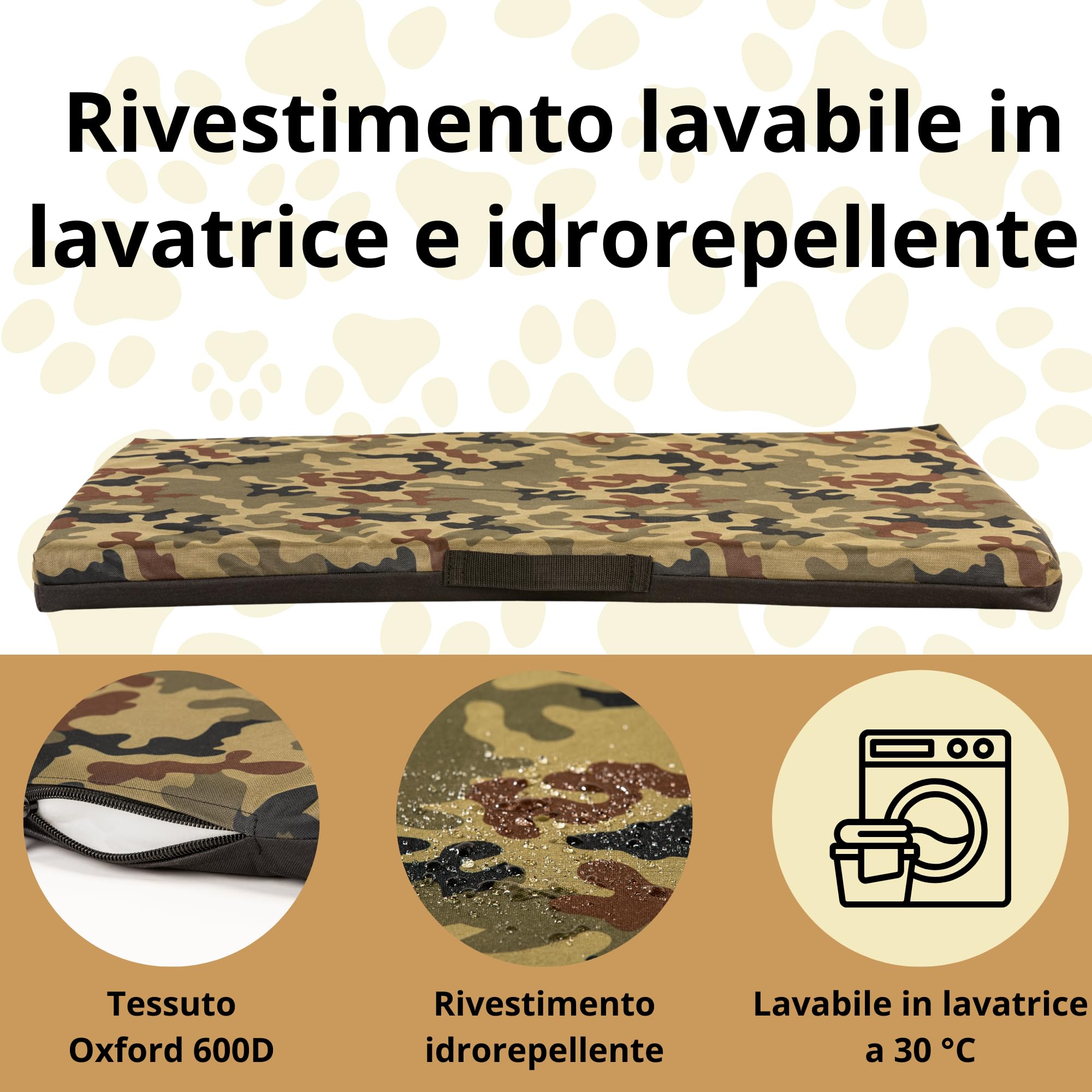 COOL PET Materasso per cani, spessore 5 cm, in schiuma fredda ortopedica (Memory Foam), tessuto Oxford 600D, con rivestimento in PVC, dimensioni 4XL-120 x 80 cm, mimetico 1